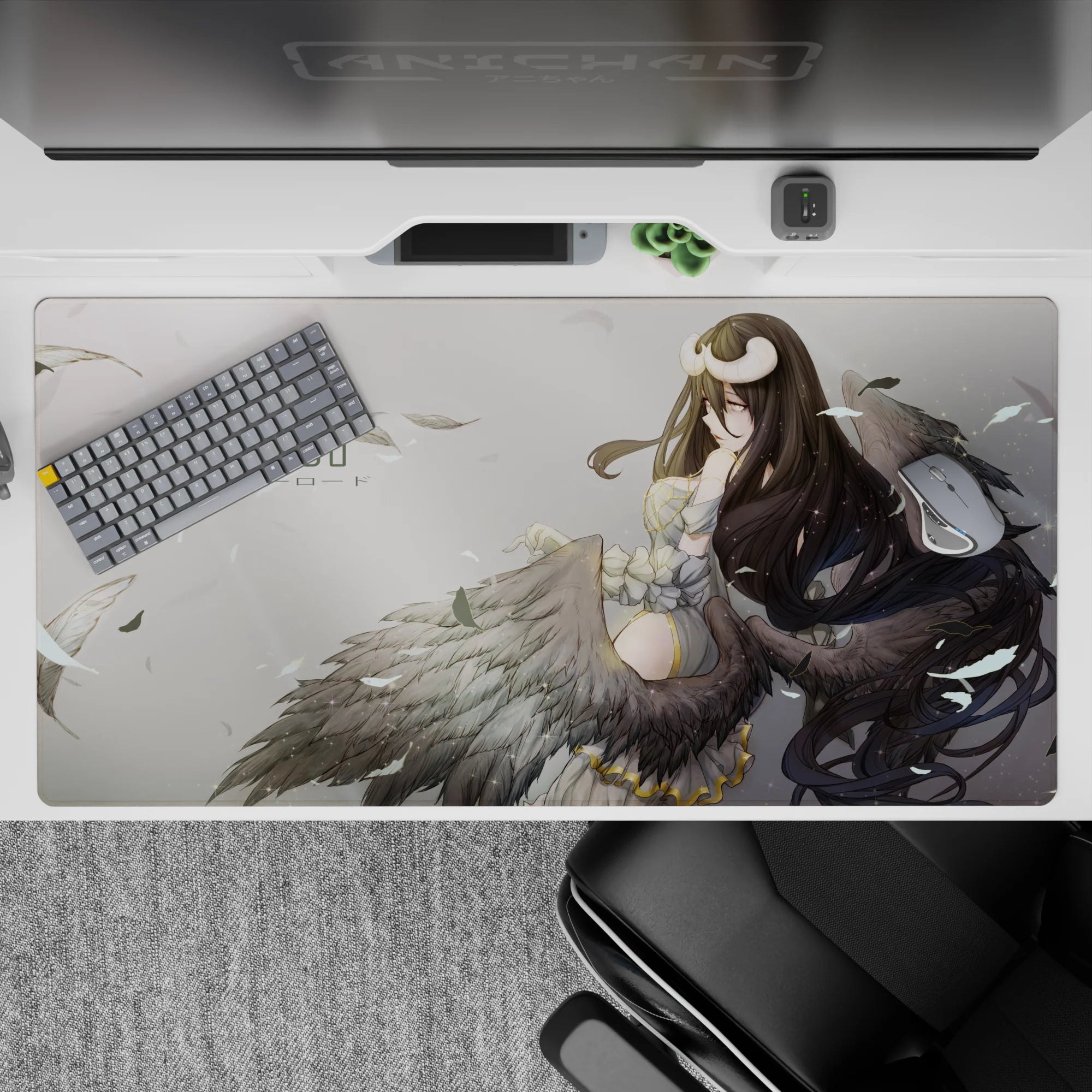Albedo from Overlord anime desk pad, 40x20 inches, featuring ivory, charcoal, and gold hues, with ethereal background.