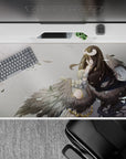 Albedo from Overlord anime desk pad, 40x20 inches, featuring ivory, charcoal, and gold hues, with ethereal background.