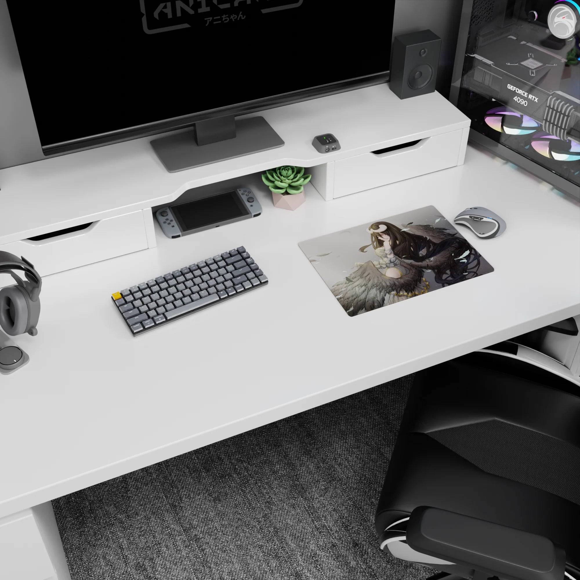 Albedo from Overlord anime mouse pad, 14x10 inches, featuring her dark wings and flowing hair in an ethereal snowy background.