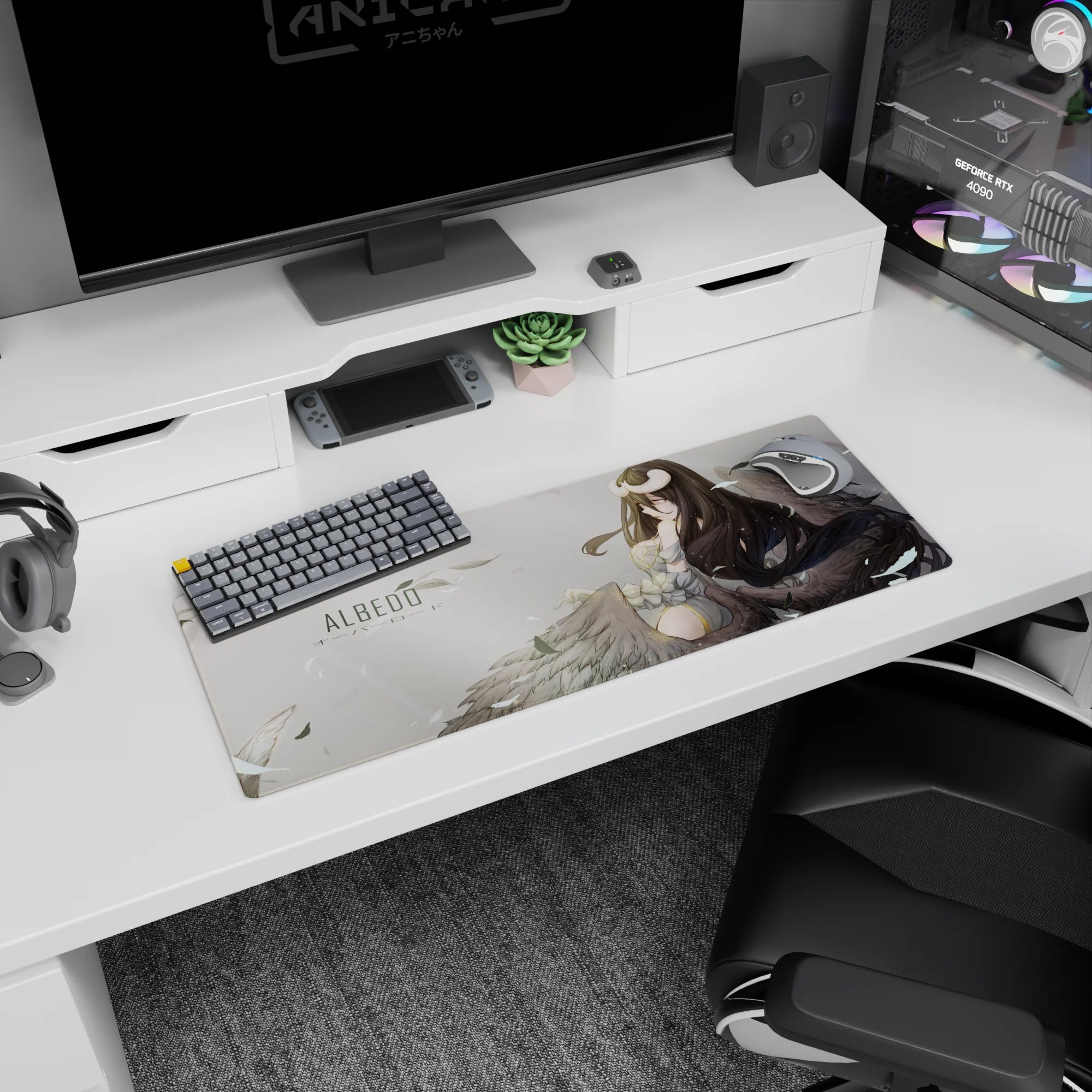 Anime mouse pad 32x12 inches featuring Albedo from Overlord with dark wings, ivory and gold hues, and an ethereal background.