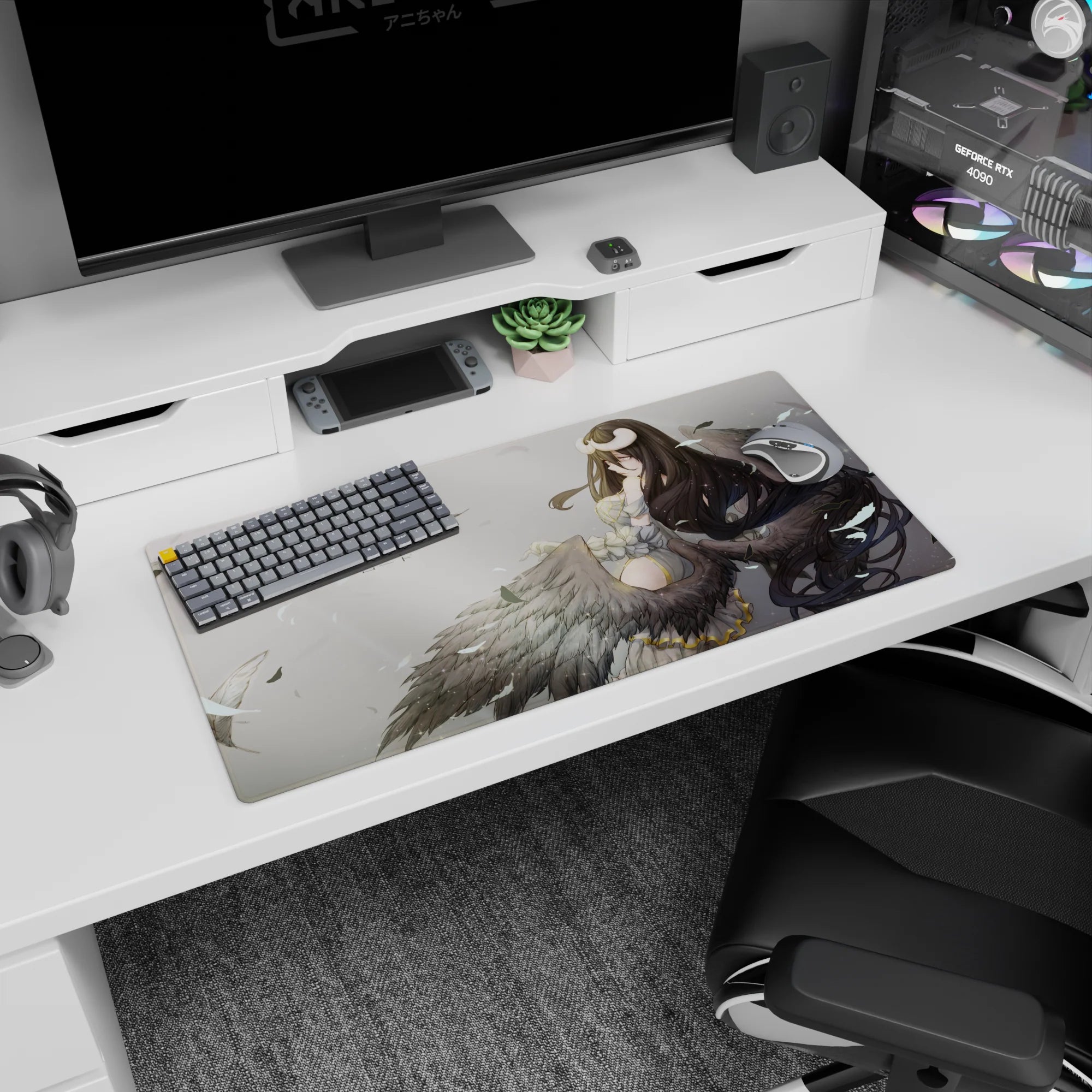 Anime mouse pad 32x16 inches featuring Albedo from Overlord with dark wings, ivory and gold tones, and ethereal background.