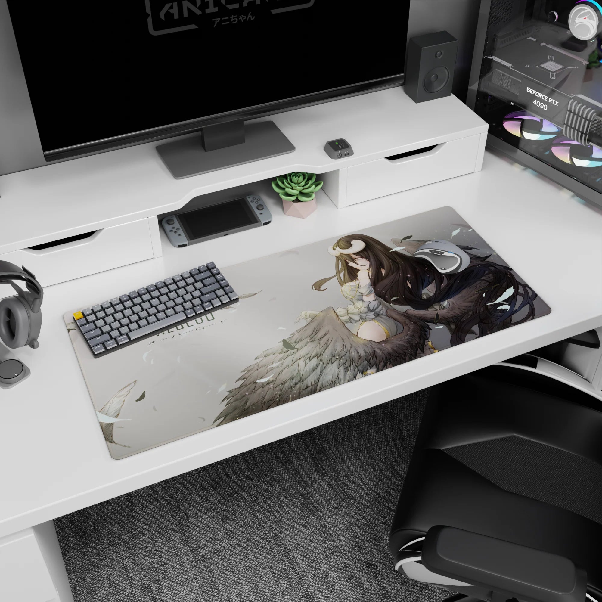 Anime desk pad 36x16 inches featuring Albedo from Overlord, with dark wings and ethereal background in soft ivory tones.