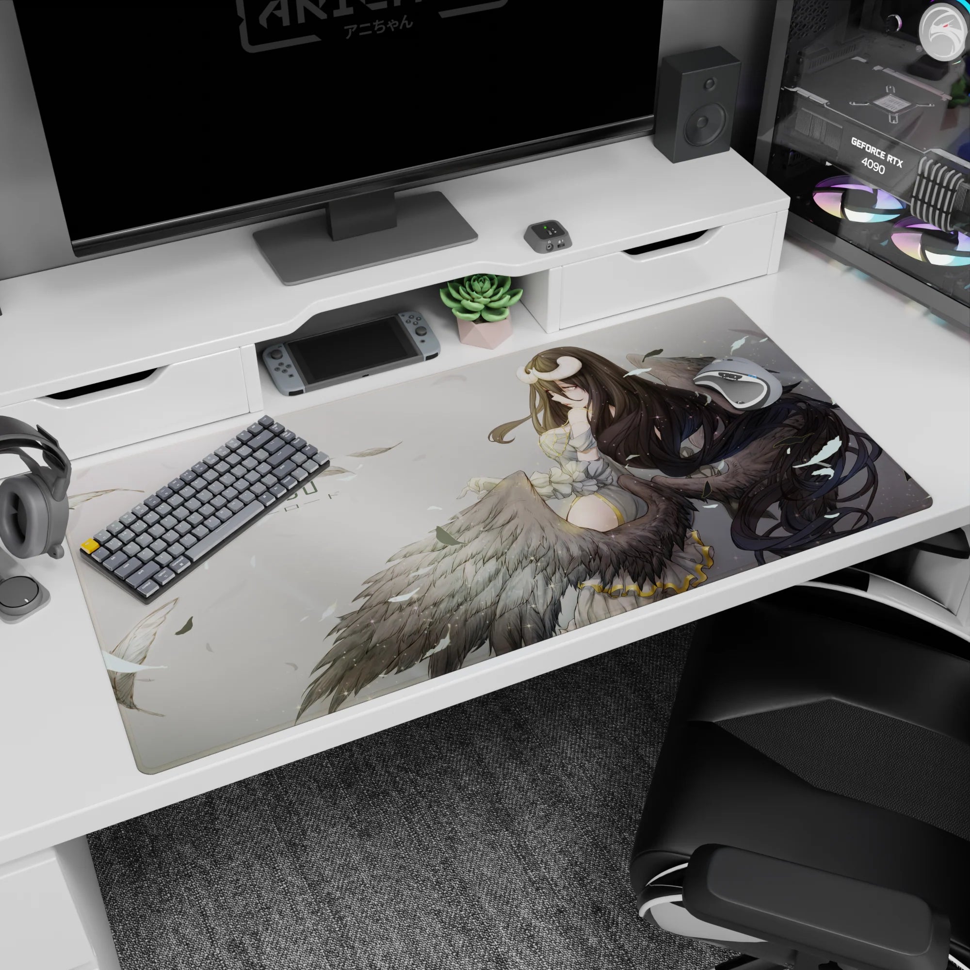 Anime desk pad 40x20 inches featuring Albedo from Overlord, with dark wings and ethereal background design.