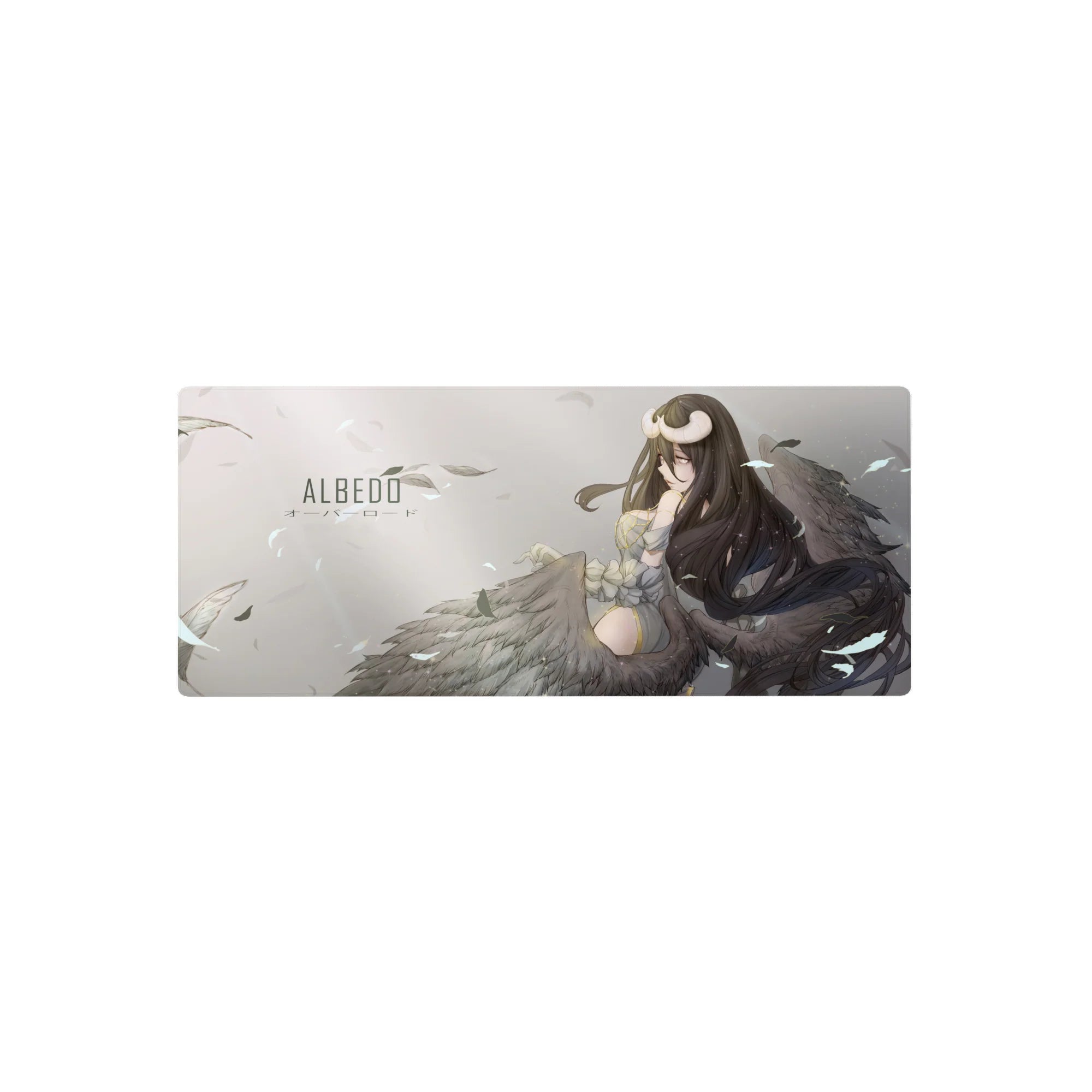 Anime mouse pad featuring Albedo from Overlord, size 28x12 inches, with ivory, charcoal, and gold tones, wings spread.