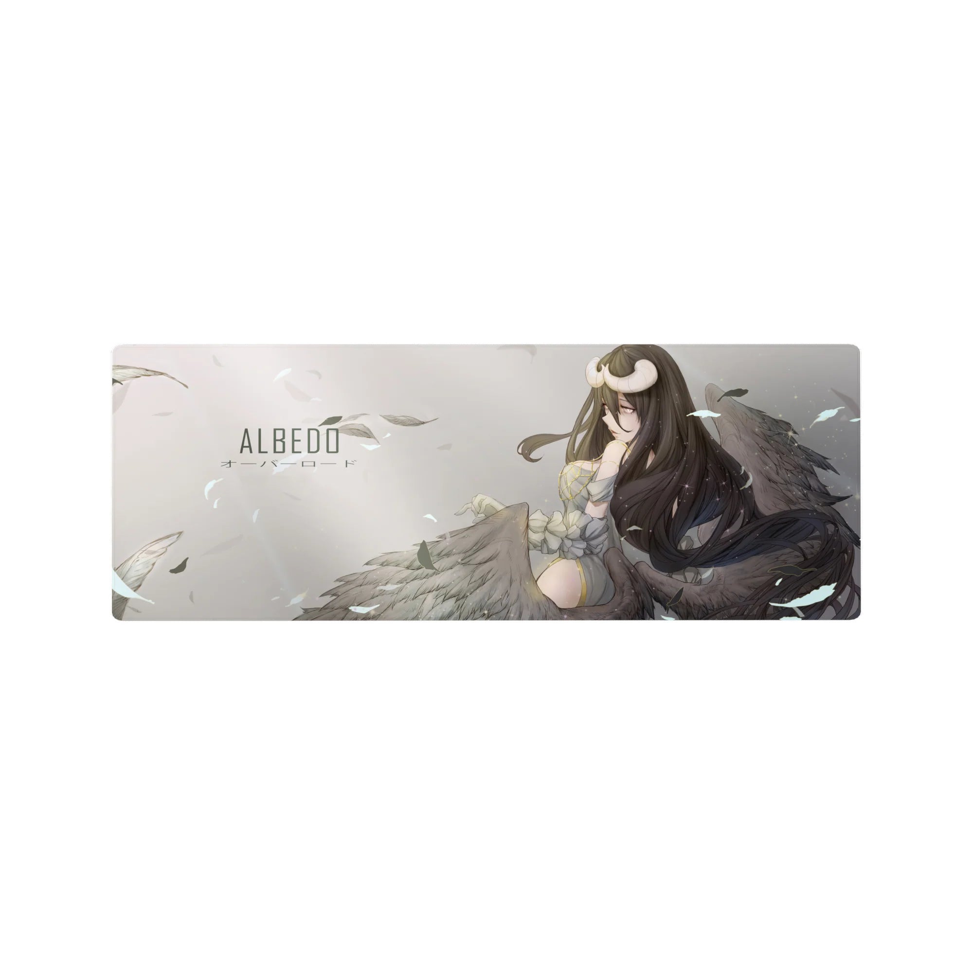 Anime mouse pad 32x12 inches featuring Albedo from Overlord, with ivory, charcoal, and gold tones, and dark wings.