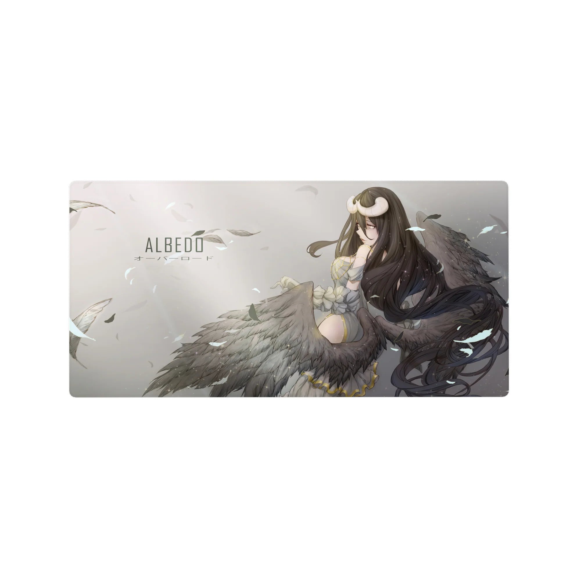 Anime mouse pad featuring Albedo from Overlord, size 32x16 inches, with dark wings and ethereal background for stylish setup.