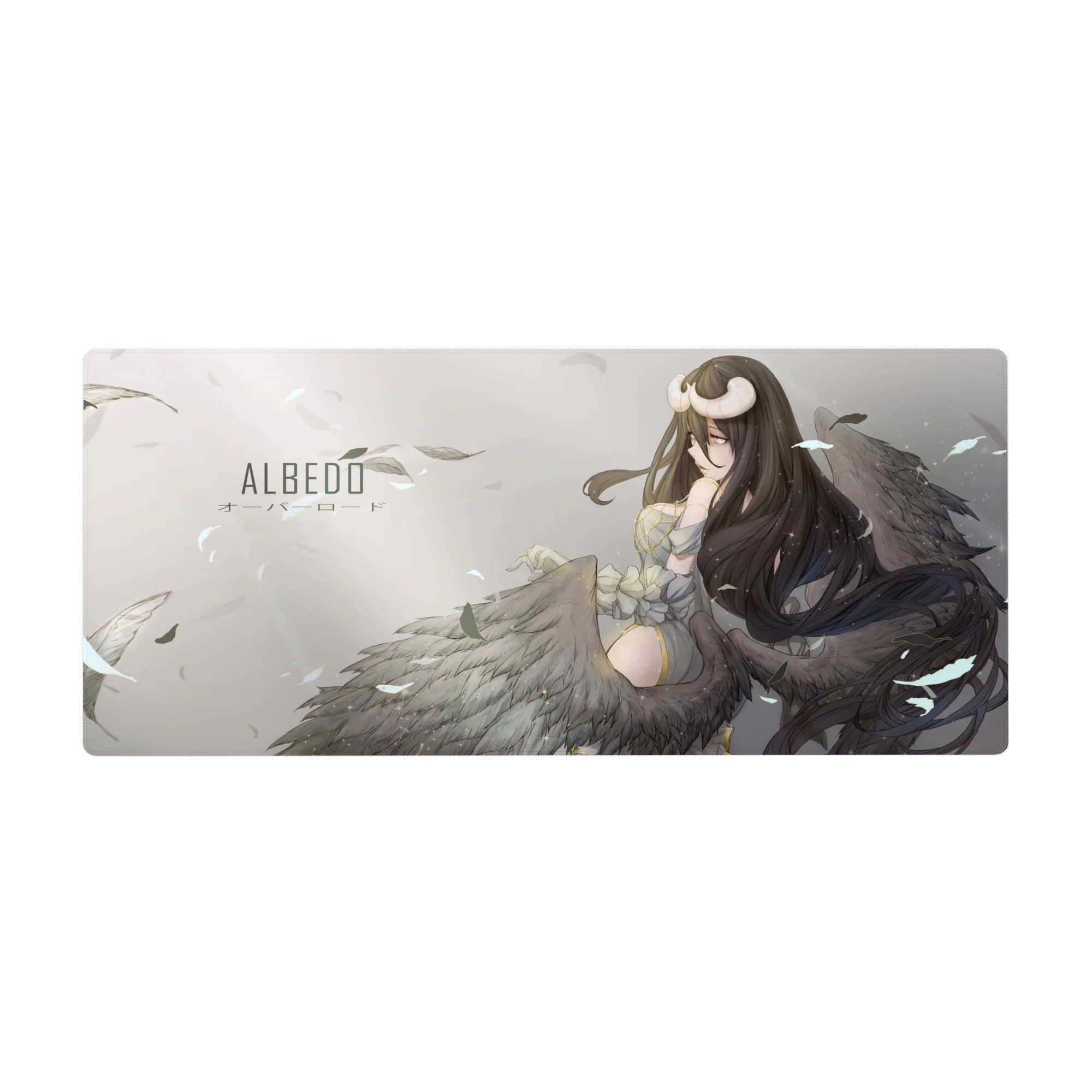 Anime desk pad featuring Albedo from Overlord, size 36x16 inches, with ethereal colors and dark wings for a stylish setup.