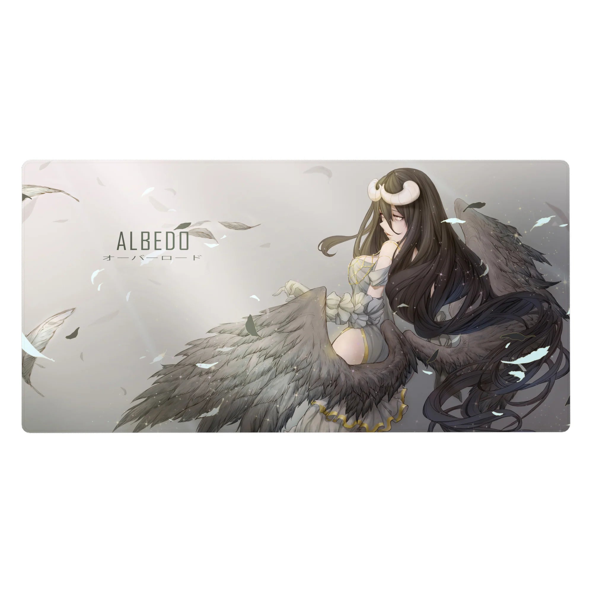 Anime mouse pad featuring Albedo from Overlord, 40x20 inches, showcasing her wings and ethereal background in soft tones.