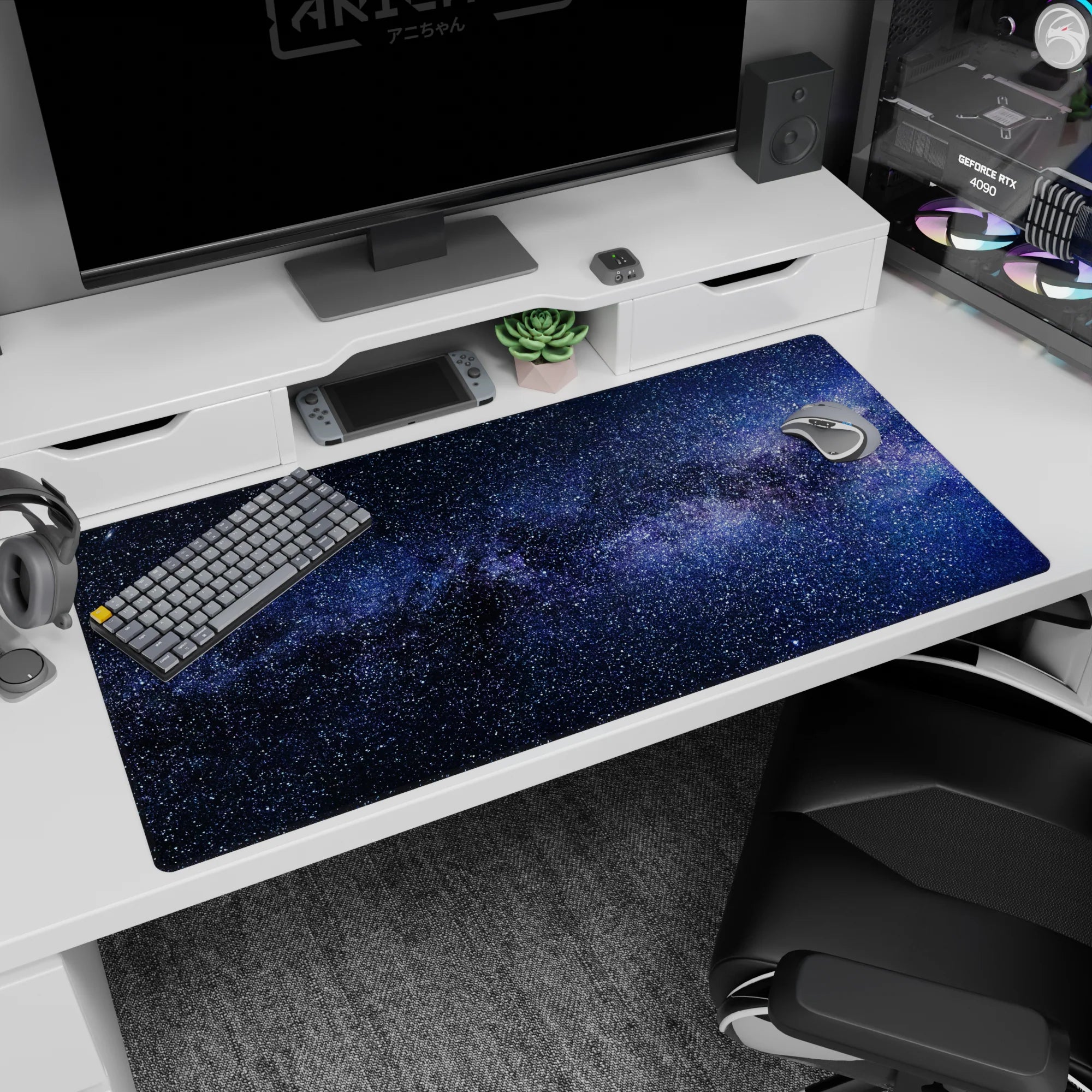 Milky Way haze with tiny scattered stars desk pad, 40x20 inches, creating an endless night-sky scene.