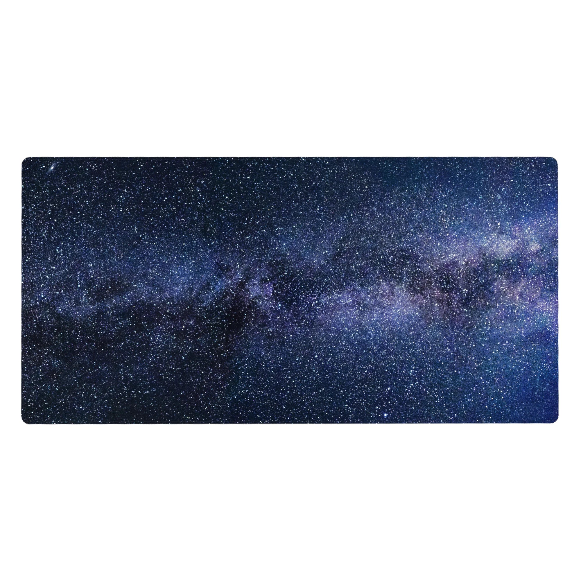 Midnight sky starfield desk pad, 40x20 inches, with speckled galaxy pattern and Milky Way haze.