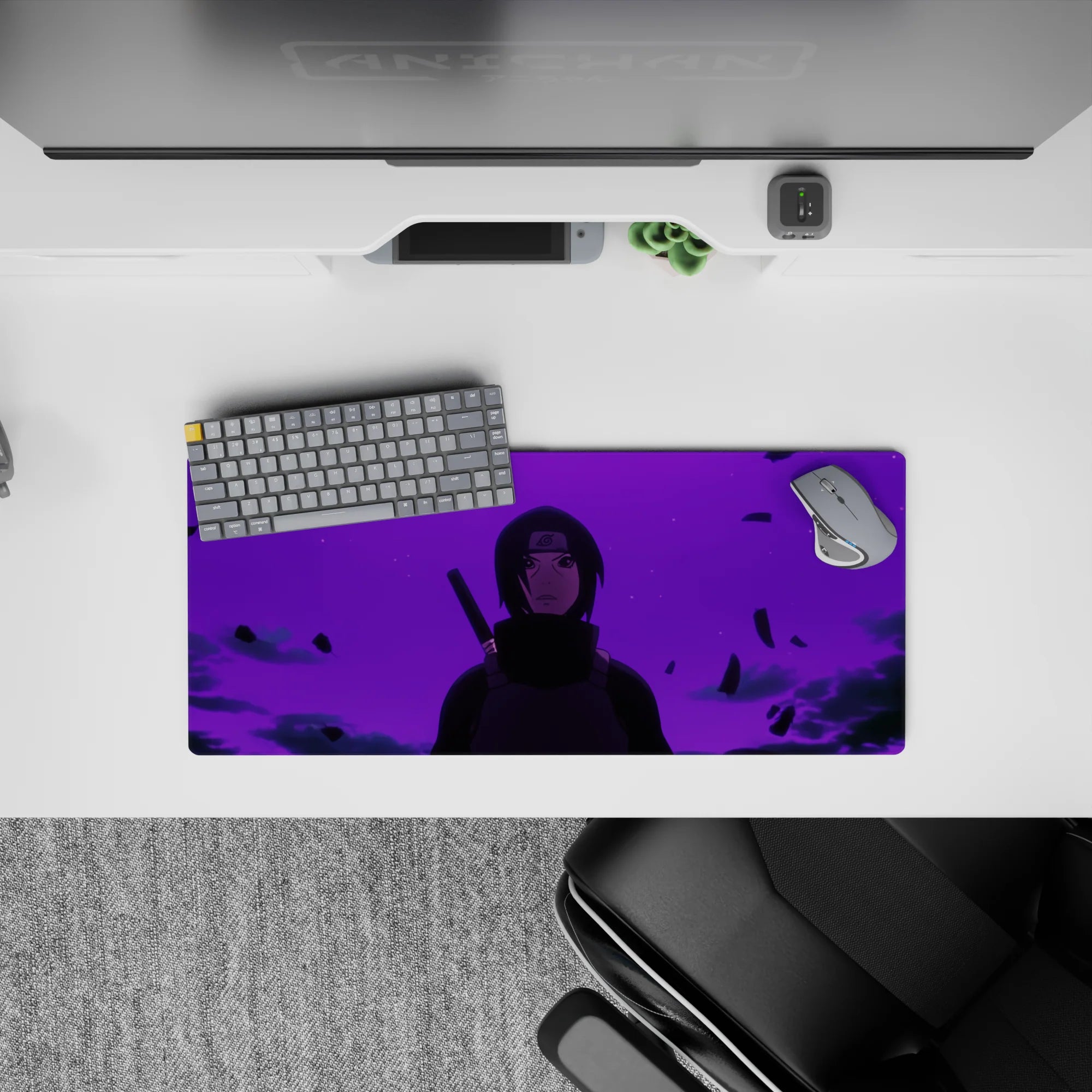 28x12 inches anime mouse pad in deep purple gradient with moody violet haze and smoky, mysterious vibe.