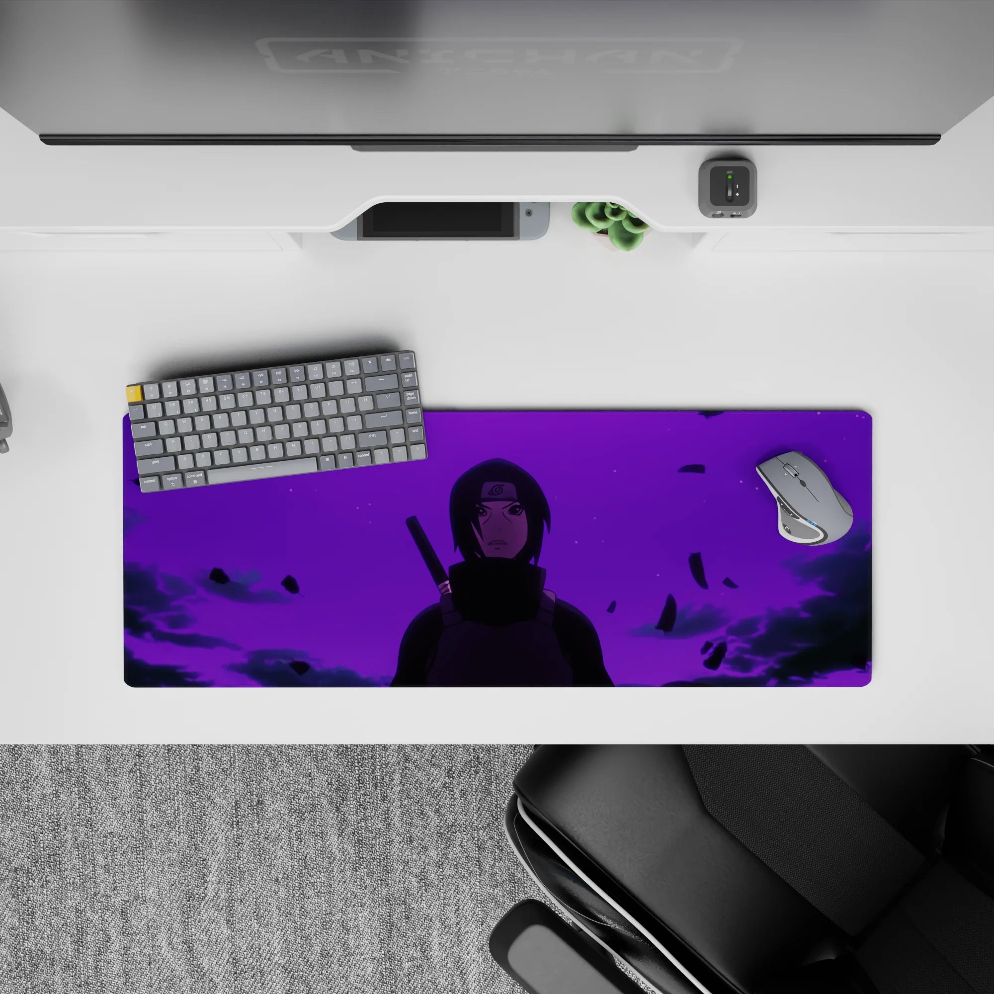 32x12 inches anime mouse pad in vivid purple gradient, dark cloak tones, sleek moody vibe.