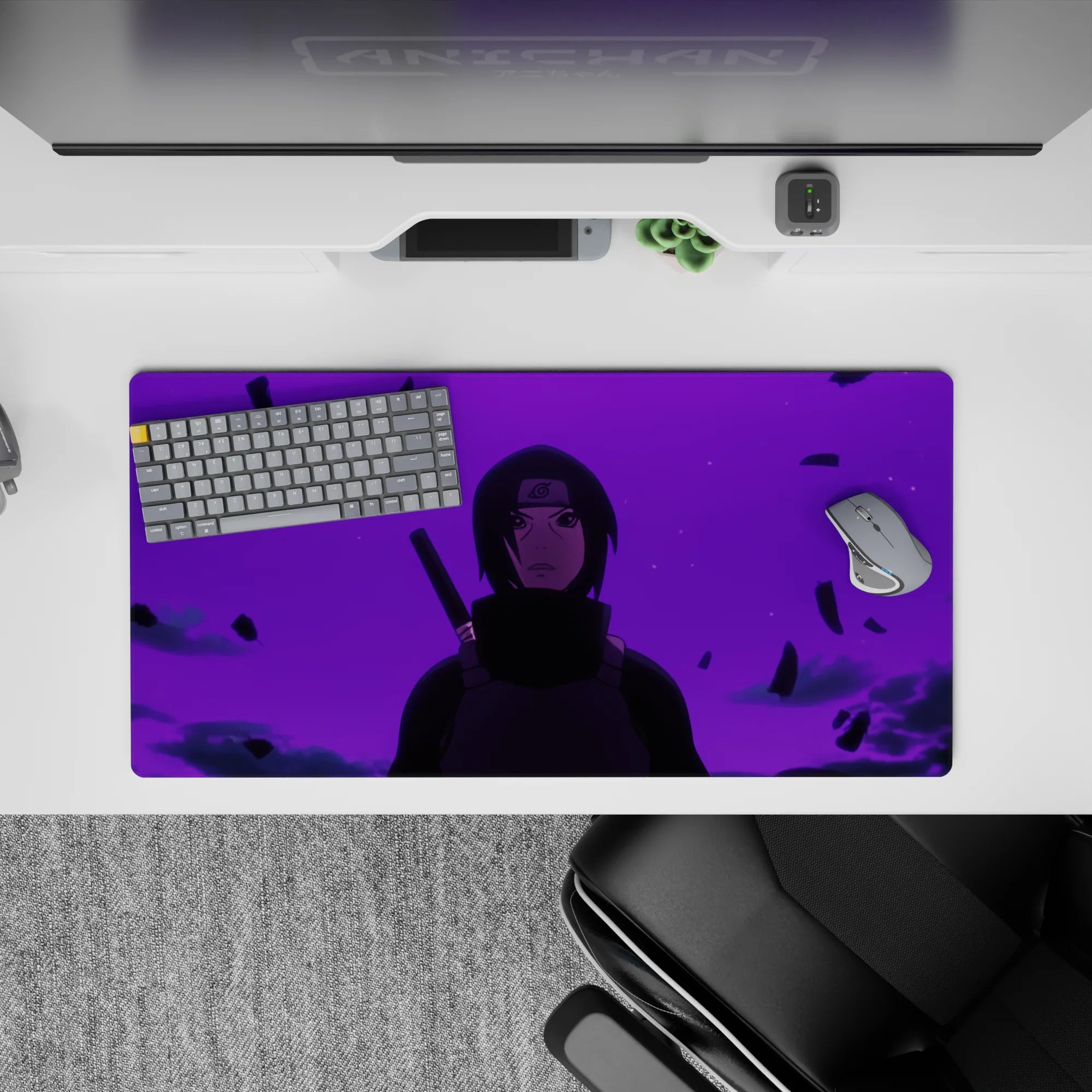 32x16 inches purple gradient anime mouse pad with violet haze, moody shadows, and a mysterious vibe.