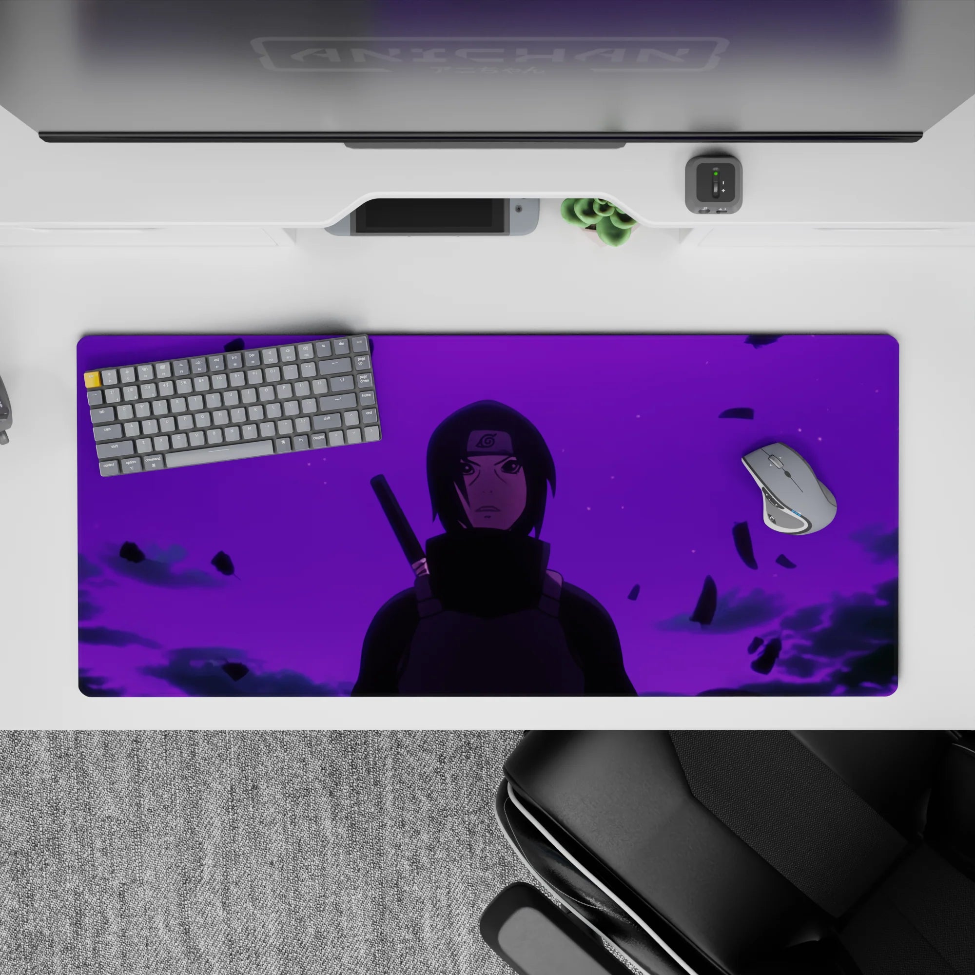 36x16 inches purple gradient desk pad with smoky shadows, moody noir vibe, and smooth glide surface.