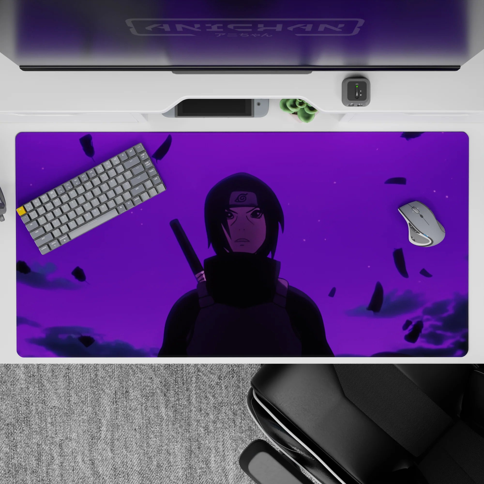 Purple gradient anime desk pad 40x20 inches with violet haze, moody dark tones, and dramatic shadows.