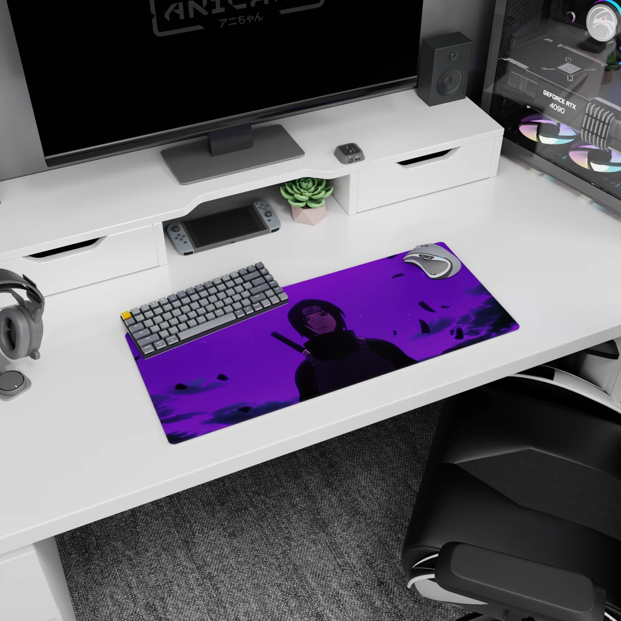 28x12 inches Naruto mouse pad featuring Itachi Uchiha staring through violet haze with swirling smoke and debris.