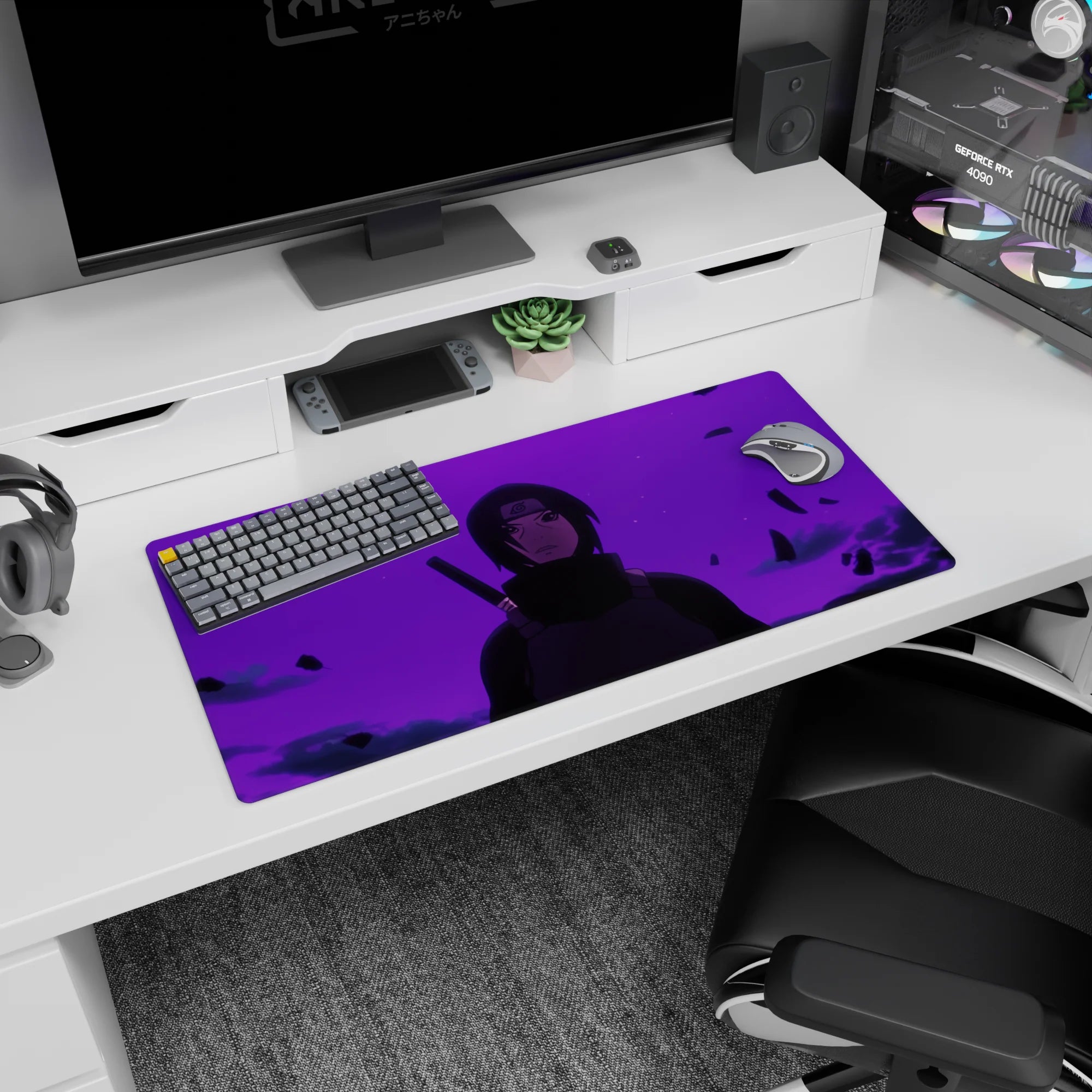 32x16 inches Naruto mouse pad showing Itachi Uchiha staring through violet mist with debris swirling.