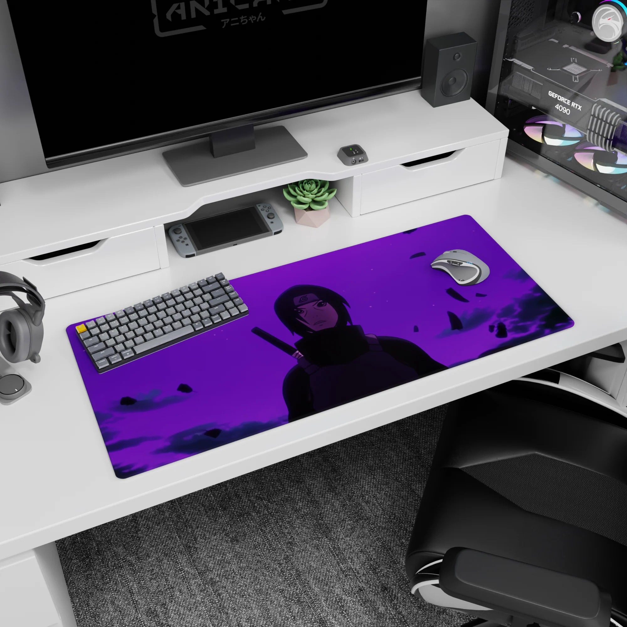 36x16 inches Naruto desk pad featuring Itachi Uchiha staring through violet mist as debris swirls around.