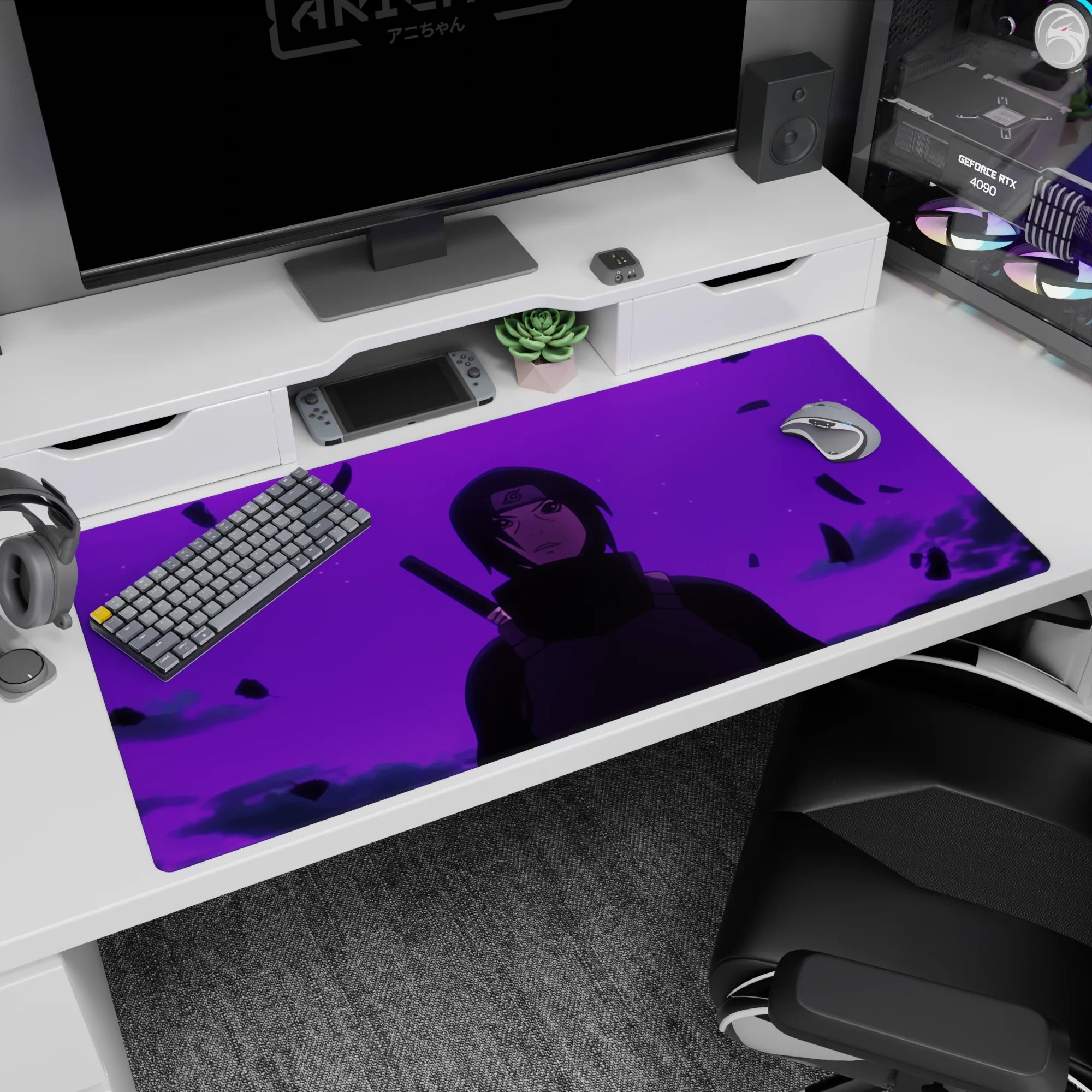 Itachi Uchiha staring through violet haze on anime desk pad 40x20 inches, debris swirling in shadows.