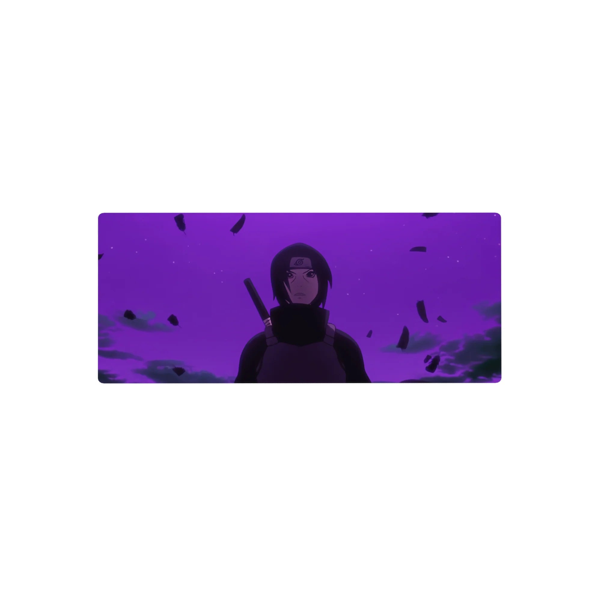 28x12 inches anime mouse pad with Itachi Uchiha, floating debris, smoky shadows, and sleek dark cloak.