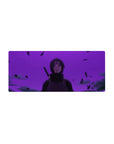 28x12 inches anime mouse pad with Itachi Uchiha, floating debris, smoky shadows, and sleek dark cloak.