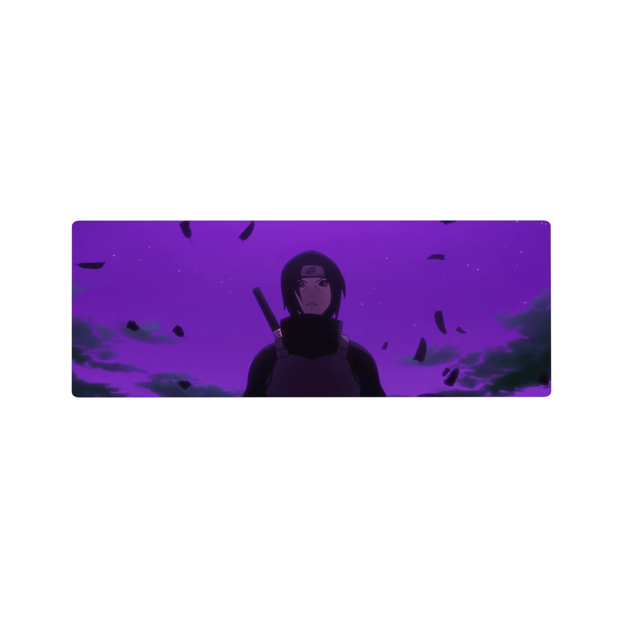 32x12 inches anime mouse pad with Itachi-inspired design, floating debris and smoky shadows.
