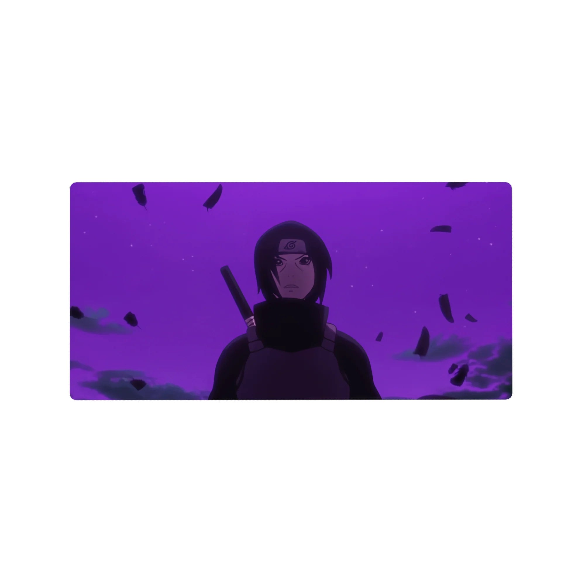 32x16 inches anime mouse pad with Itachi Uchiha, smoky shadows, floating debris, and sleek dark cloak.