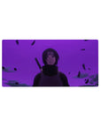 32x16 inches anime mouse pad with Itachi Uchiha, smoky shadows, floating debris, and sleek dark cloak.