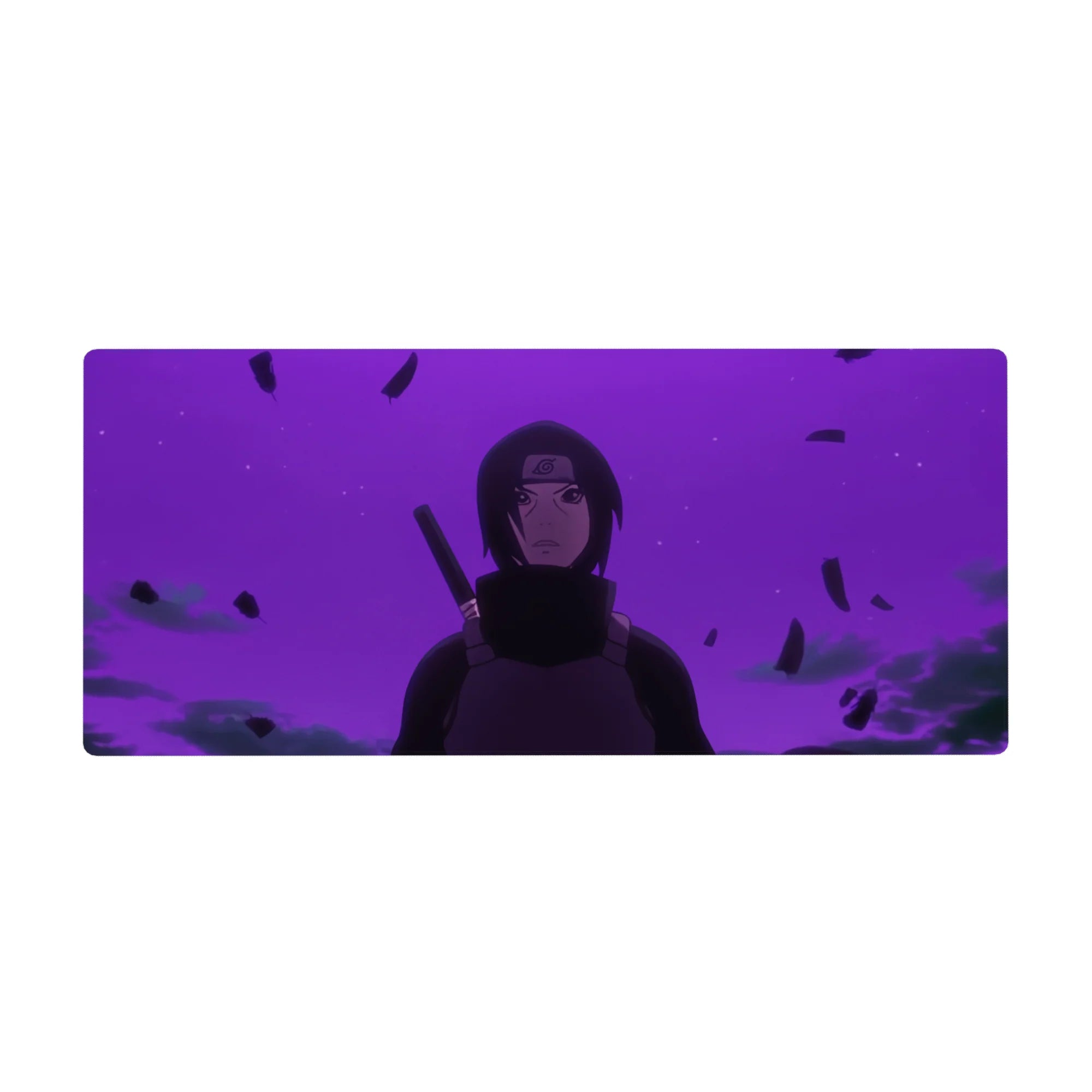 36x16 inches anime desk pad with Itachi-inspired purple haze, floating debris, and sleek dark cloak art.