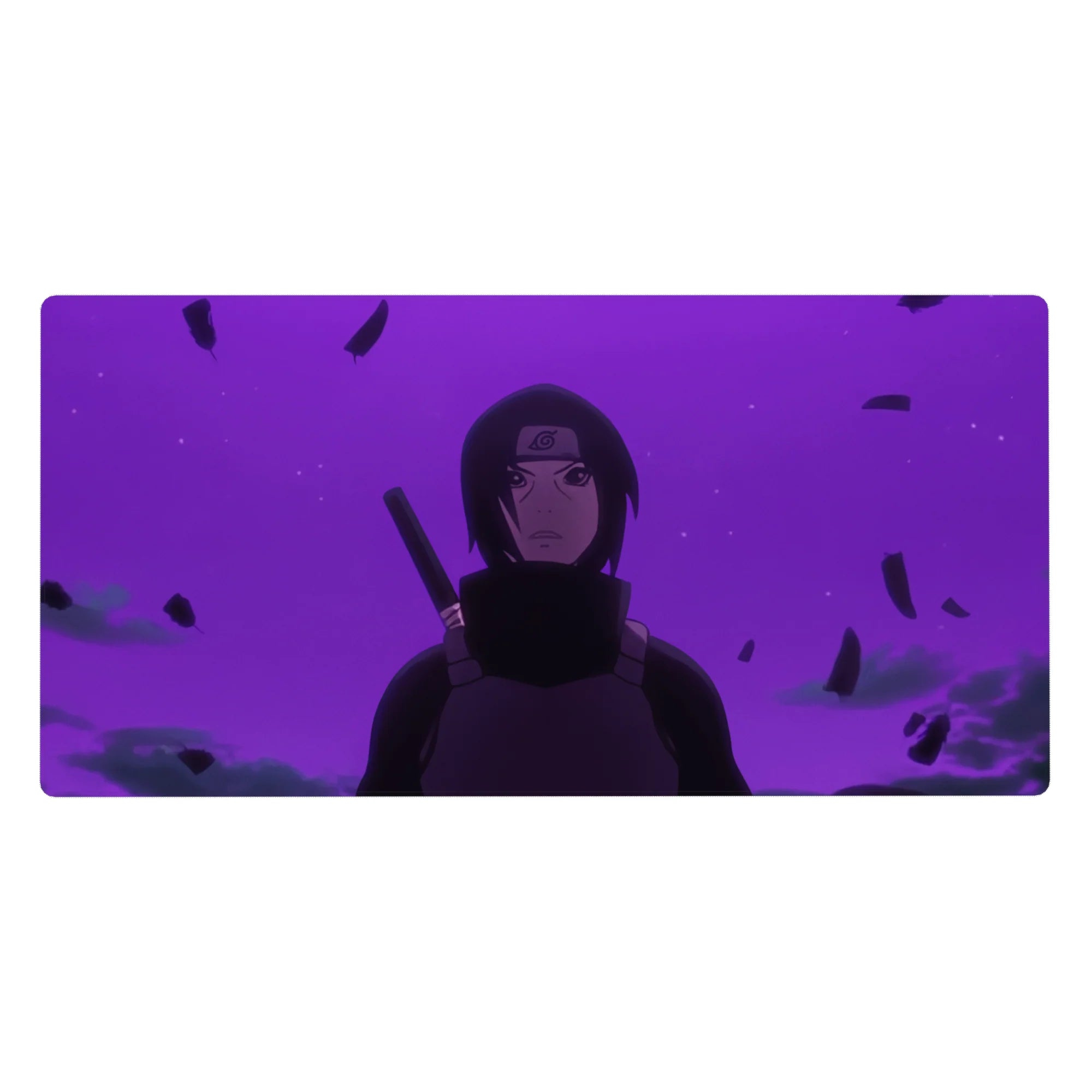 Naruto Itachi-themed anime desk pad 40x20 inches with smoky shadows, floating debris, and sleek cloak.