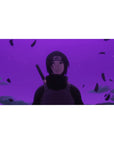 Naruto Itachi-themed anime desk pad 40x20 inches with smoky shadows, floating debris, and sleek cloak.