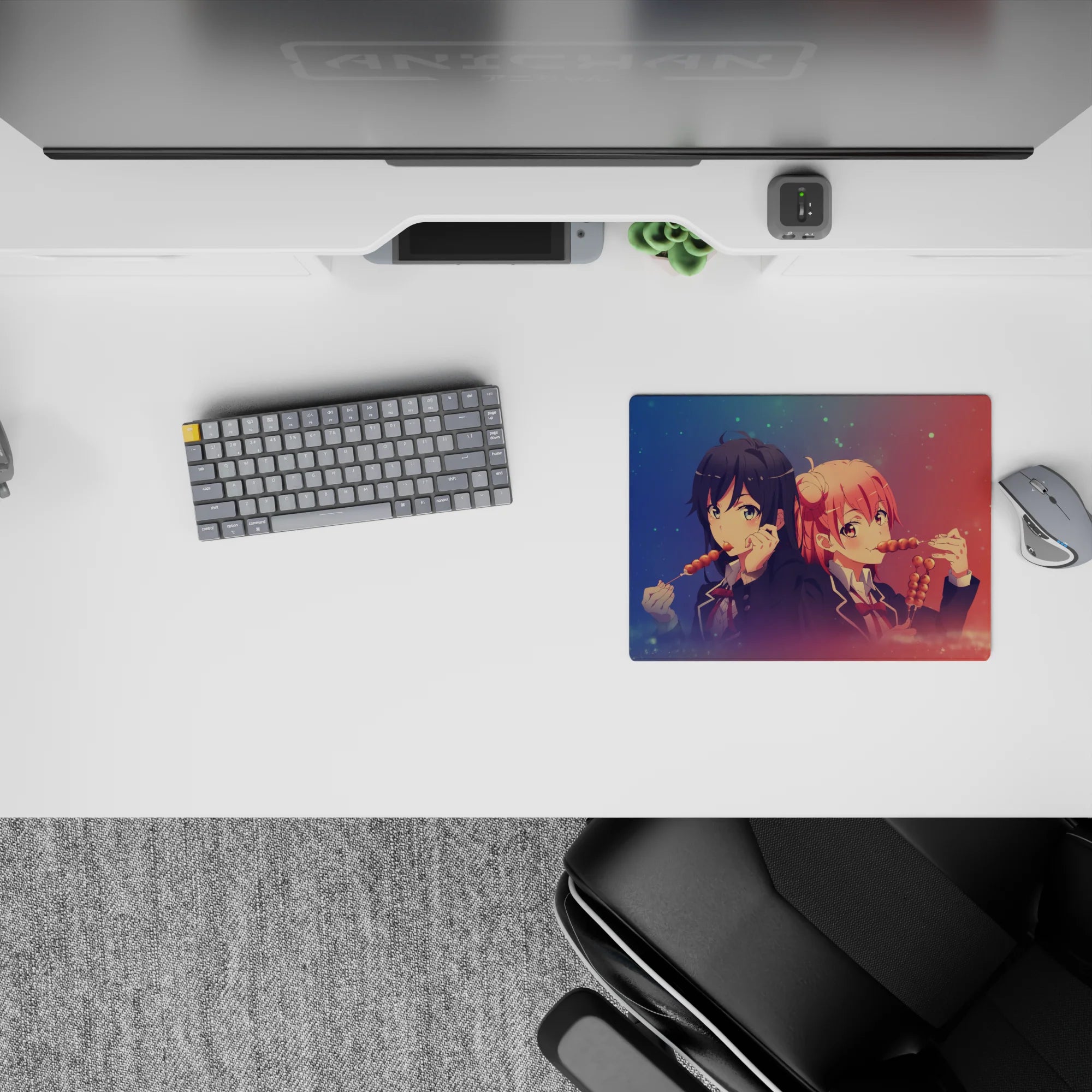 Navy and coral dreamy festival mood anime girl mouse pad 14x10 inches with soft blush and glitter dots.