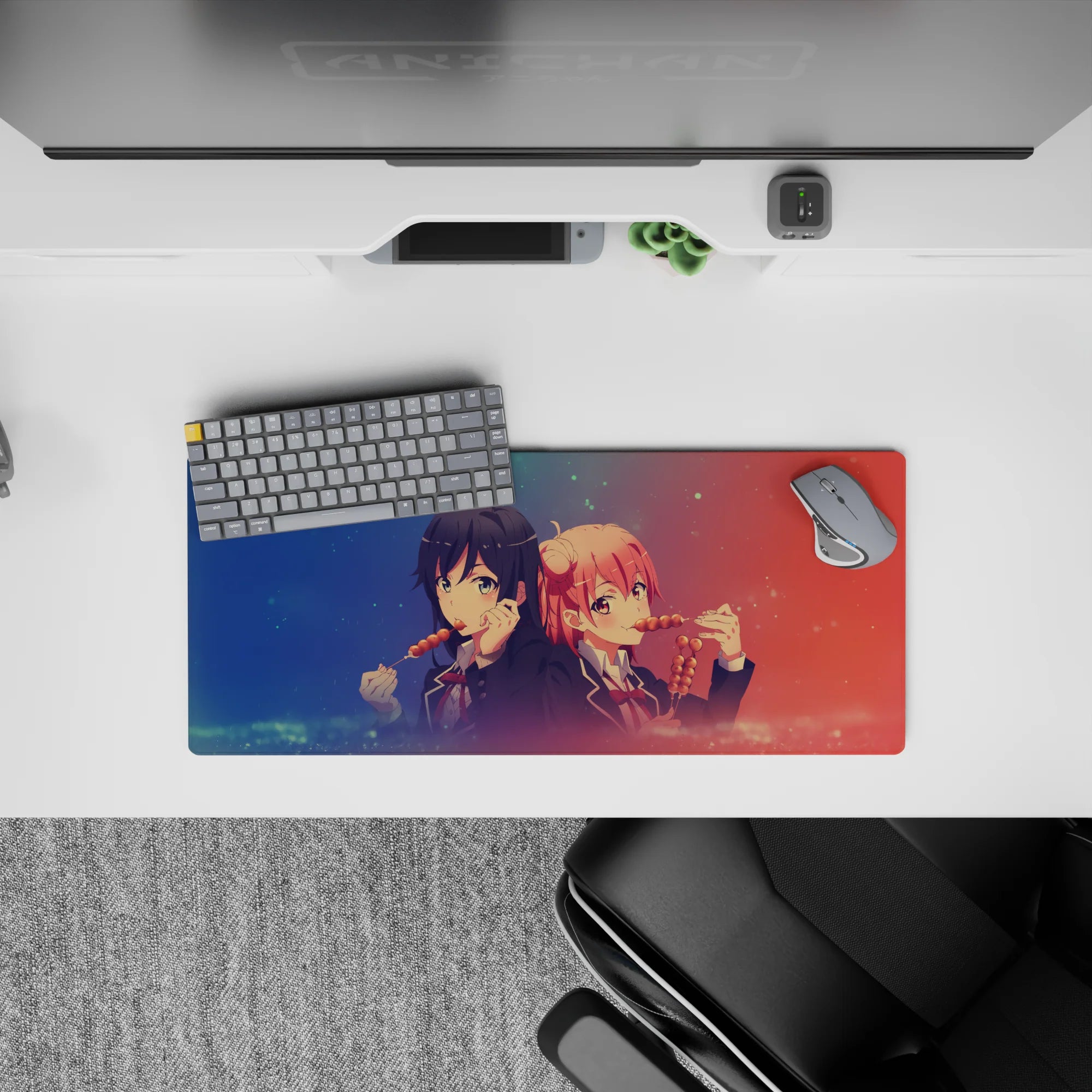 28x12 inches anime girl mouse pad in navy and coral gradient with sparkly dots, dreamy festival vibe.