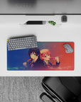28x12 inches anime girl mouse pad in navy and coral gradient with sparkly dots, dreamy festival vibe.