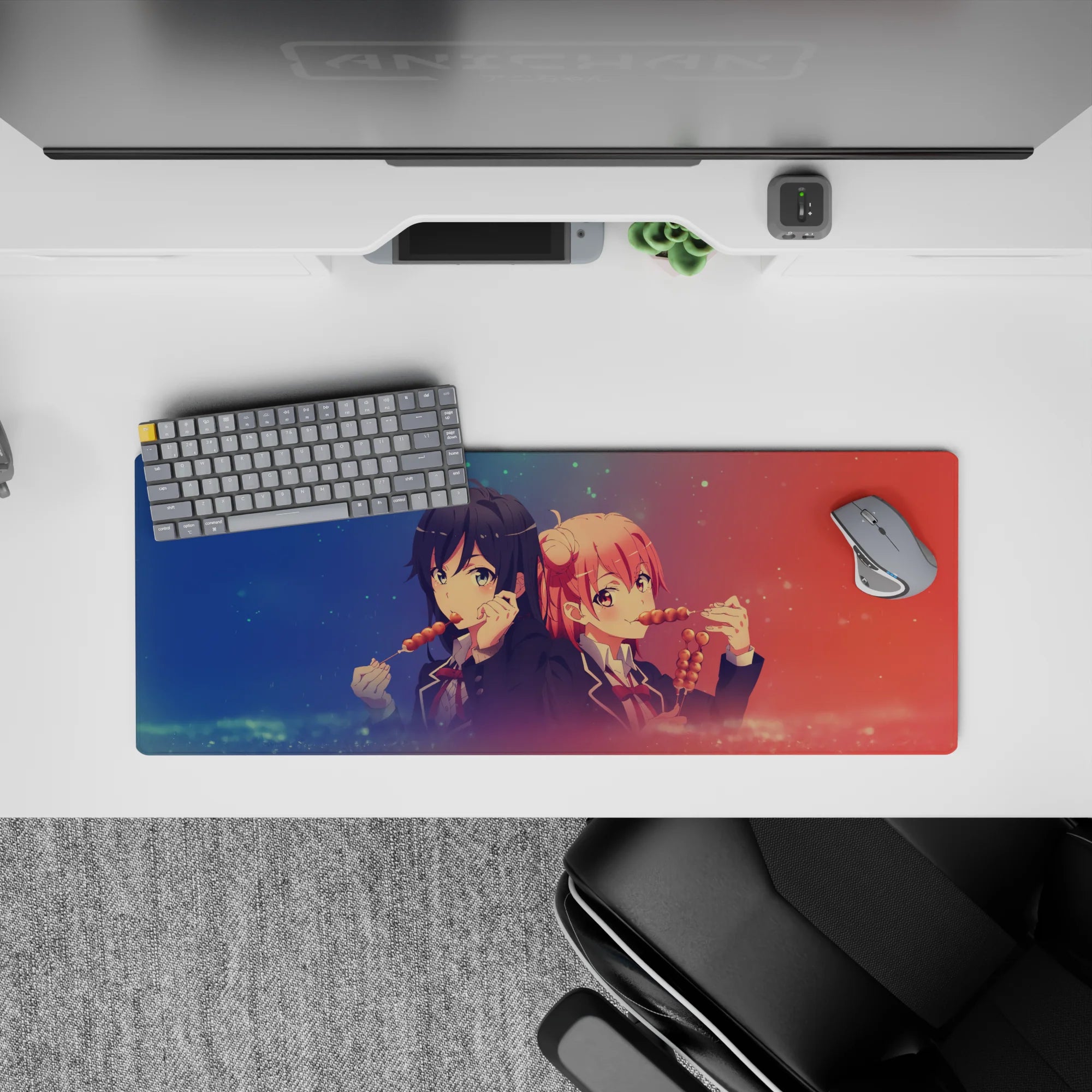32x12 inches kawaii desk mat in navy and coral gradients with dreamy sparkles and cozy snack vibes.