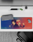 32x12 inches kawaii desk mat in navy and coral gradients with dreamy sparkles and cozy snack vibes.
