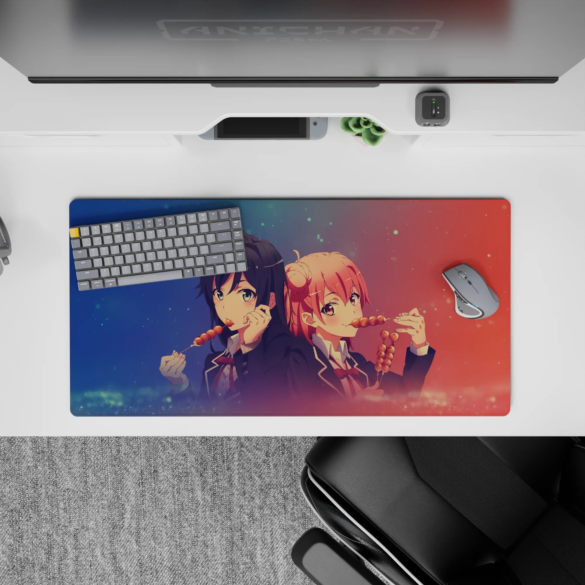 Anime girl mouse pad 32x16 inches in navy and coral with dreamy festival sparkles and cozy snack vibes.