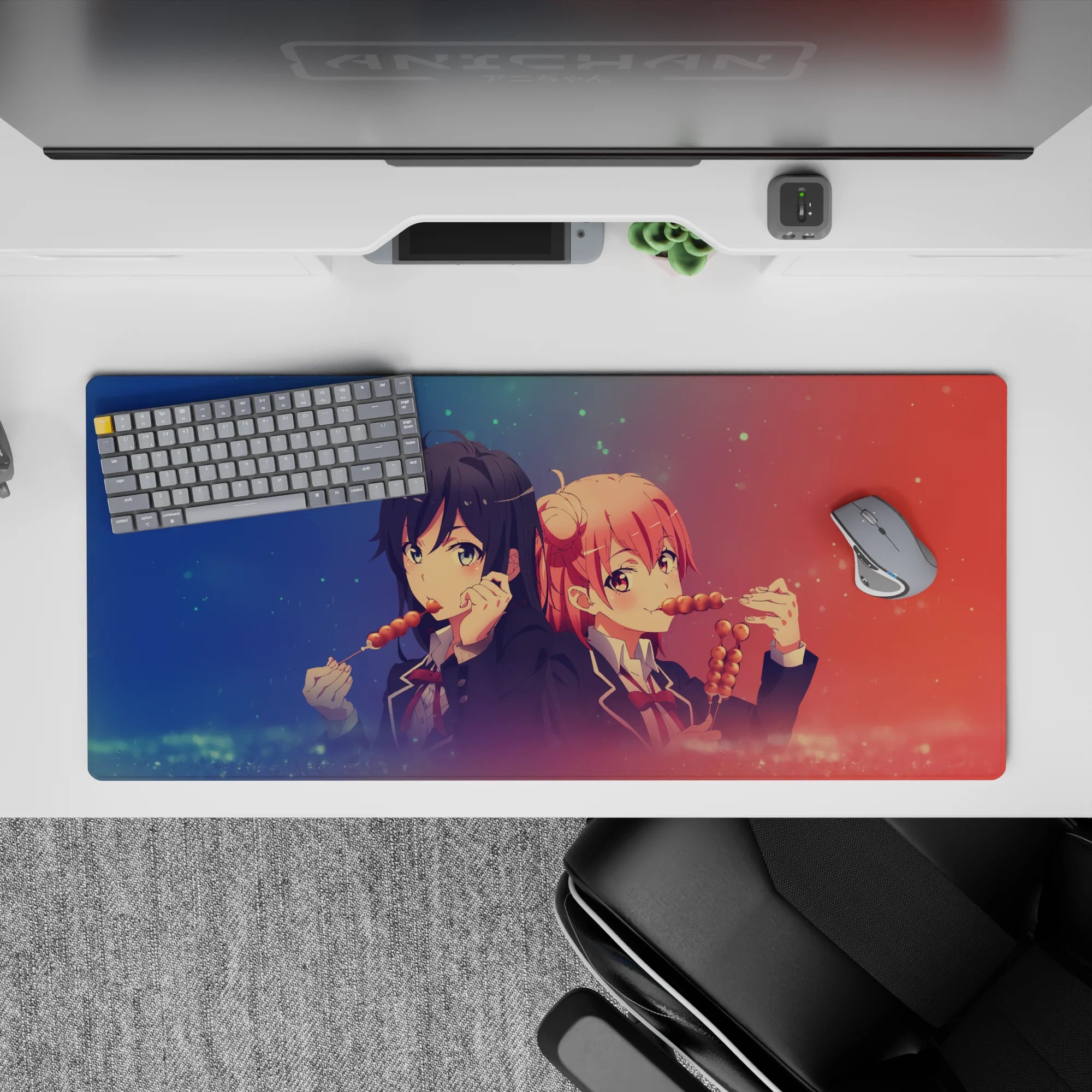 Cozy navy and coral gradient anime girl desk pad 36x16 inches with dreamy sparkle dots.