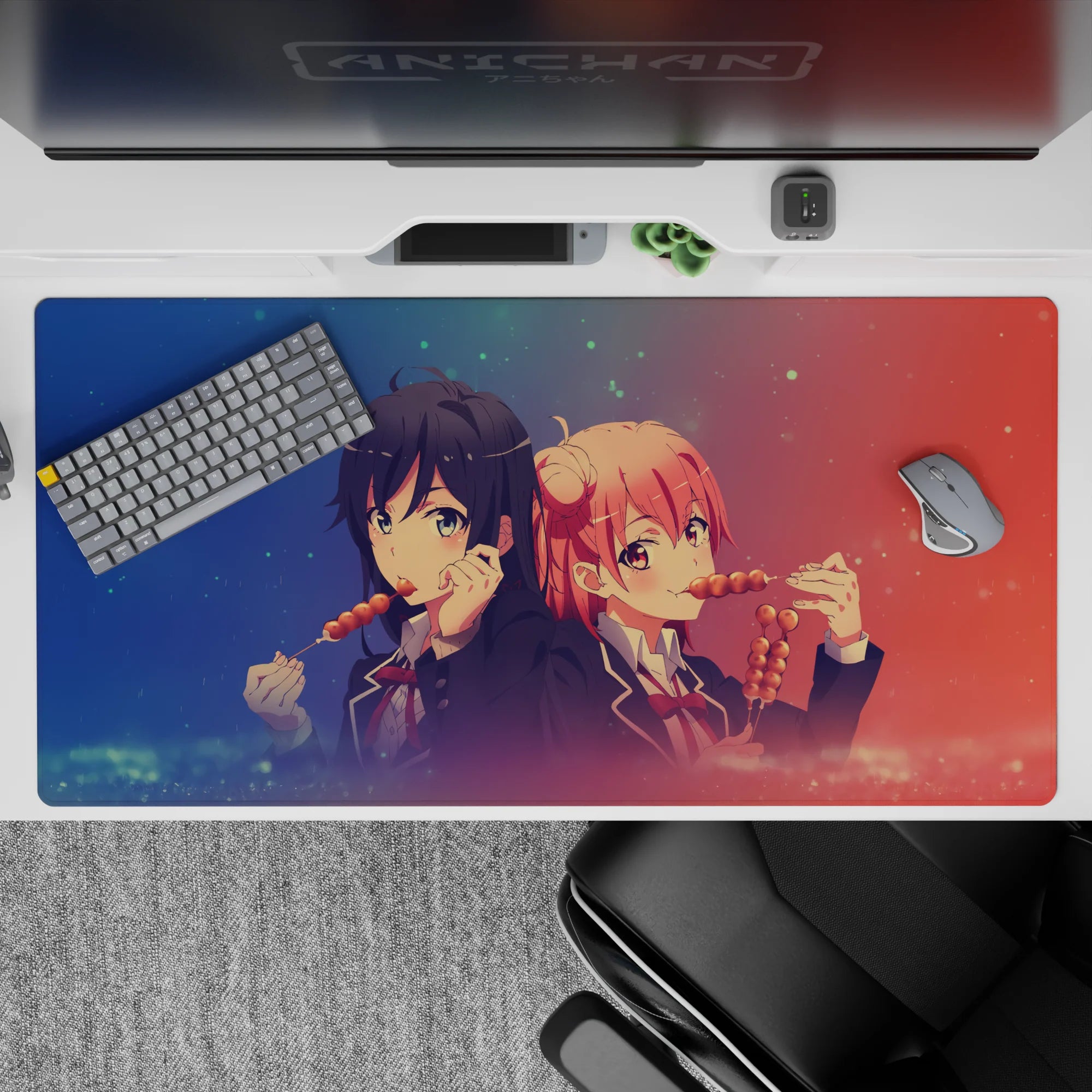 Anime girl desk pad 40x20 inches in navy and coral gradient with dreamy festival sparkle dots.