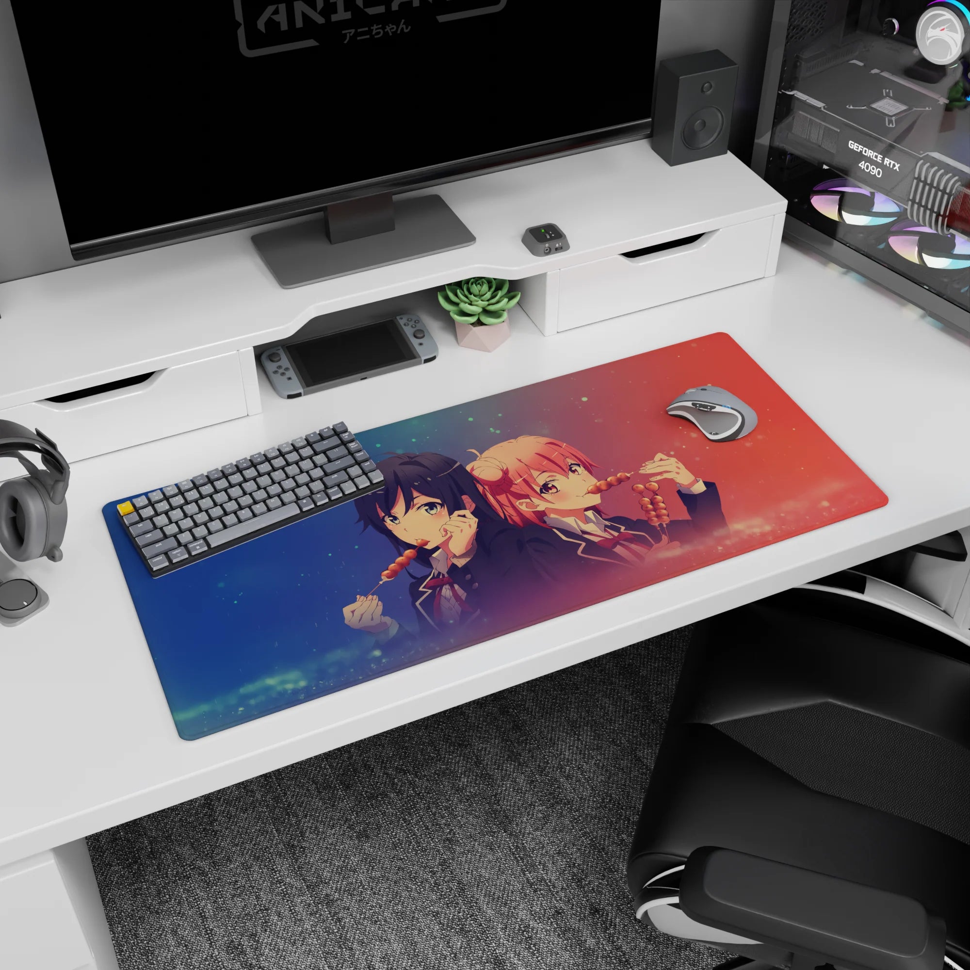 Cute anime desk pad 36x16 inches showing twin-bun schoolgirls, glossy eyes, blush, dango snack scene.