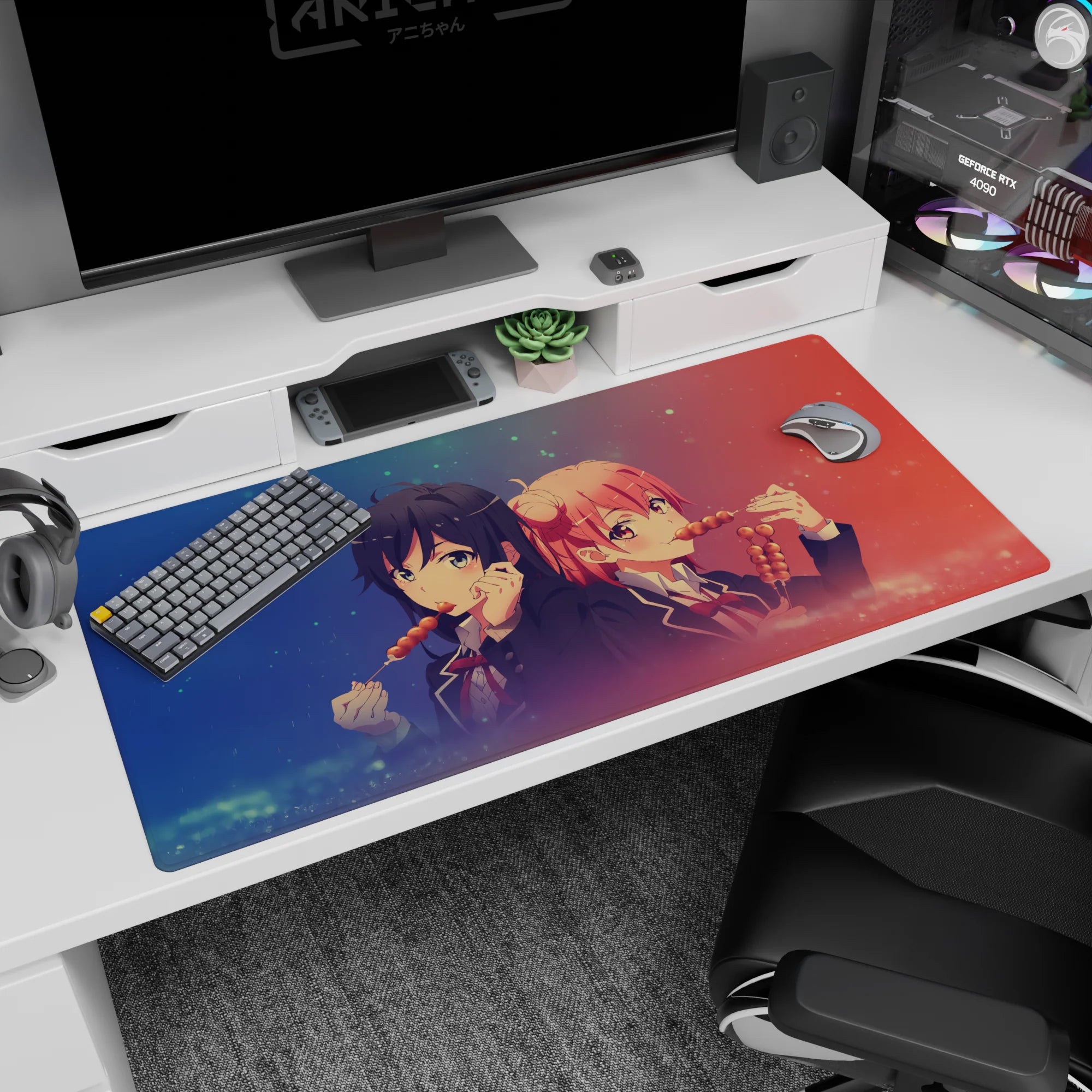 Anime girl desk pad 40x20 inches showing twin-bun schoolgirls with glossy eyes enjoying a dango snack.