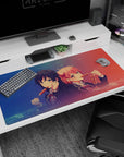 Anime girl desk pad 40x20 inches showing twin-bun schoolgirls with glossy eyes enjoying a dango snack.