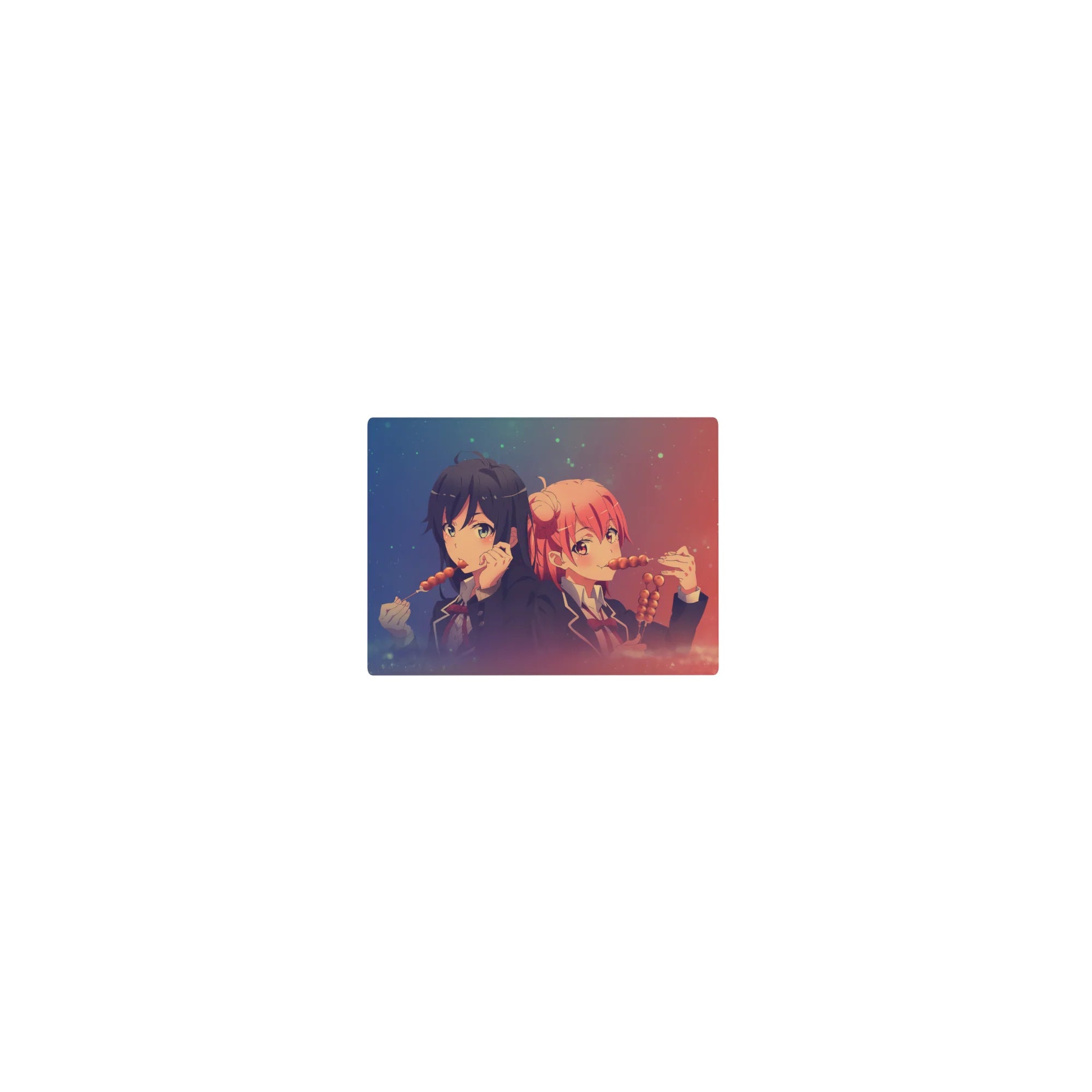Classic anime girl mouse pad 14x10 inches with two schoolgirls sharing dango, sparkly gradient backdrop.