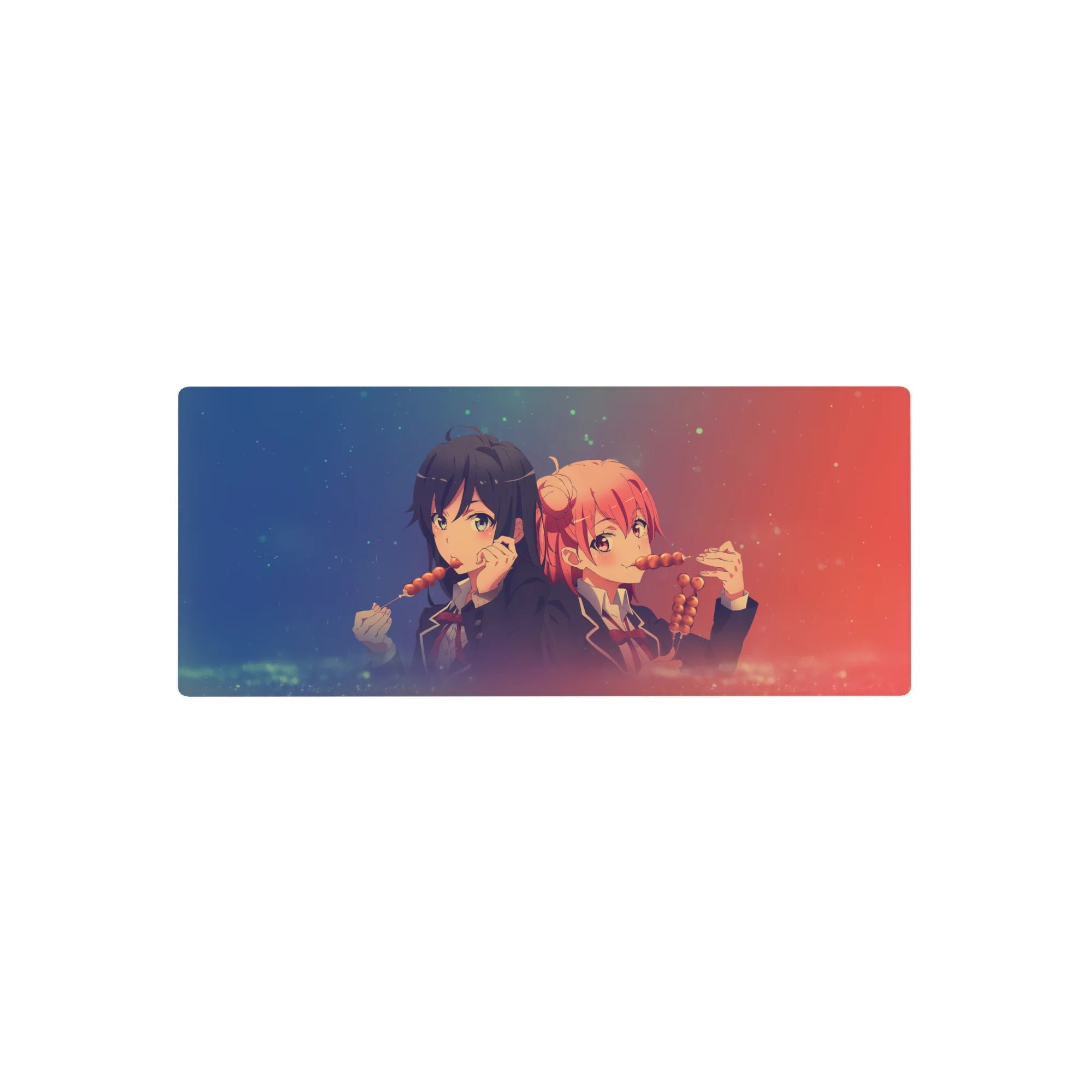 28x12 inches anime girl mouse pad with two schoolgirls sharing dango, cute desk mat for gaming.