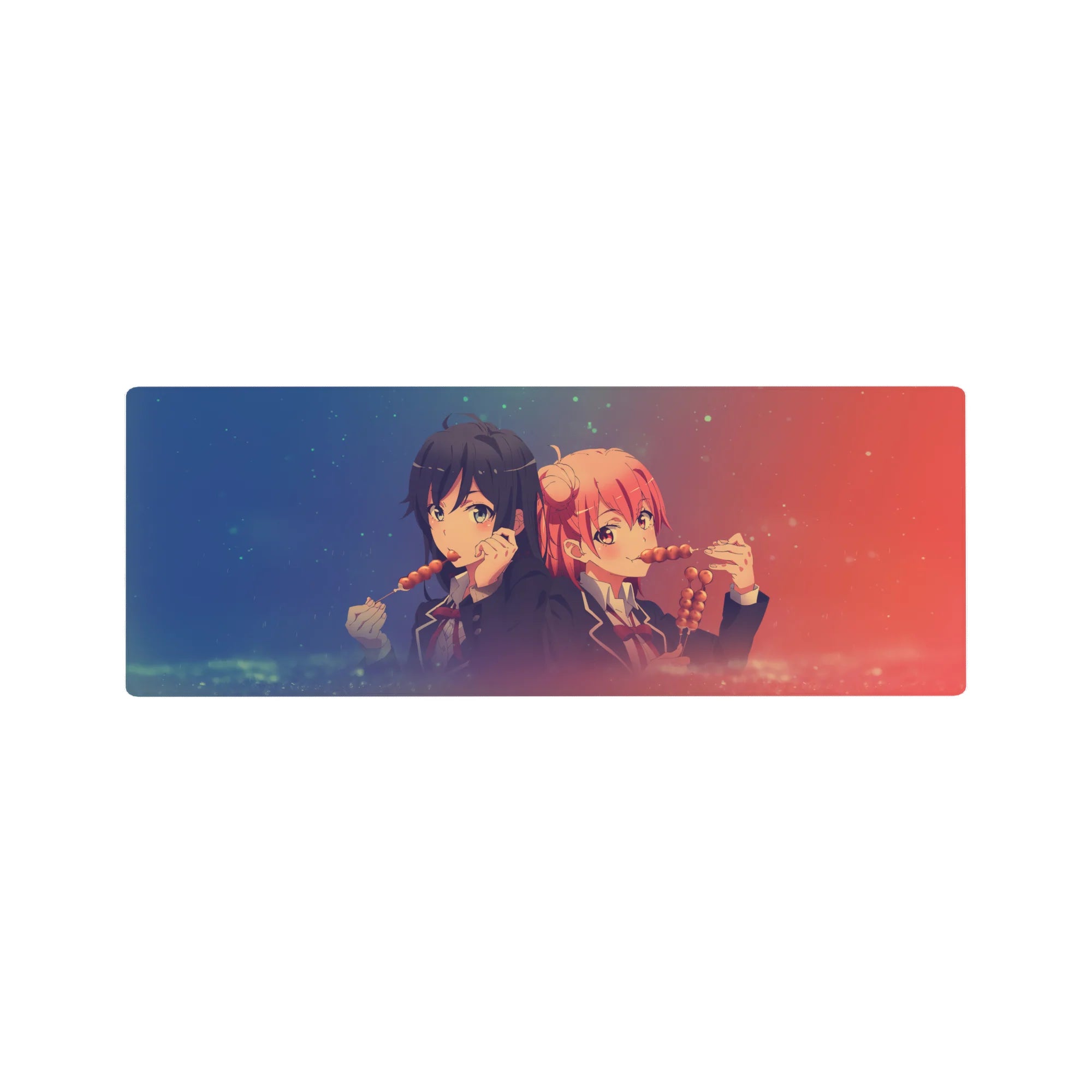 32x12 inches anime girl mouse pad with two schoolgirls sharing dango on a sparkly festival backdrop.