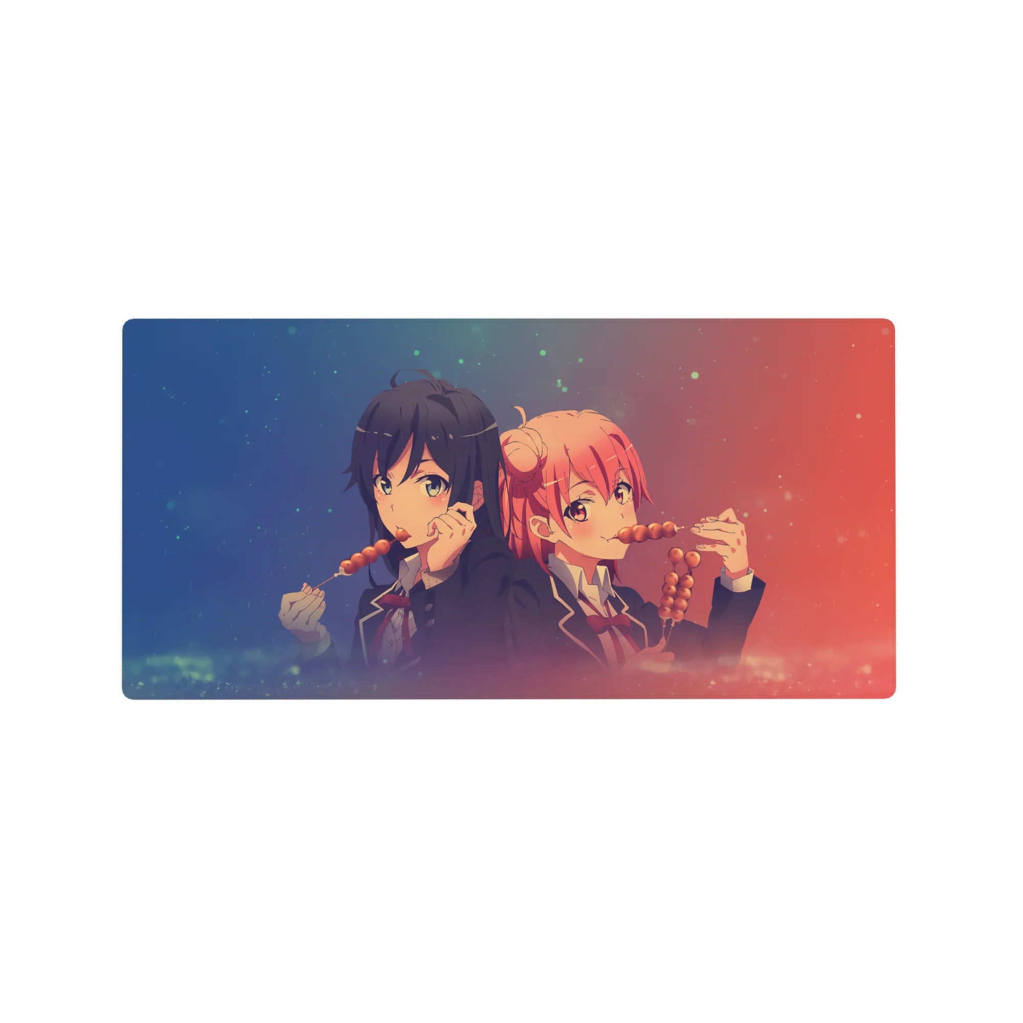 Anime girl mouse pad 32x16 inches, cute desk mat with two schoolgirls and dango on a sparkly gradient.
