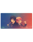 Anime girl mouse pad 32x16 inches, cute desk mat with two schoolgirls and dango on a sparkly gradient.