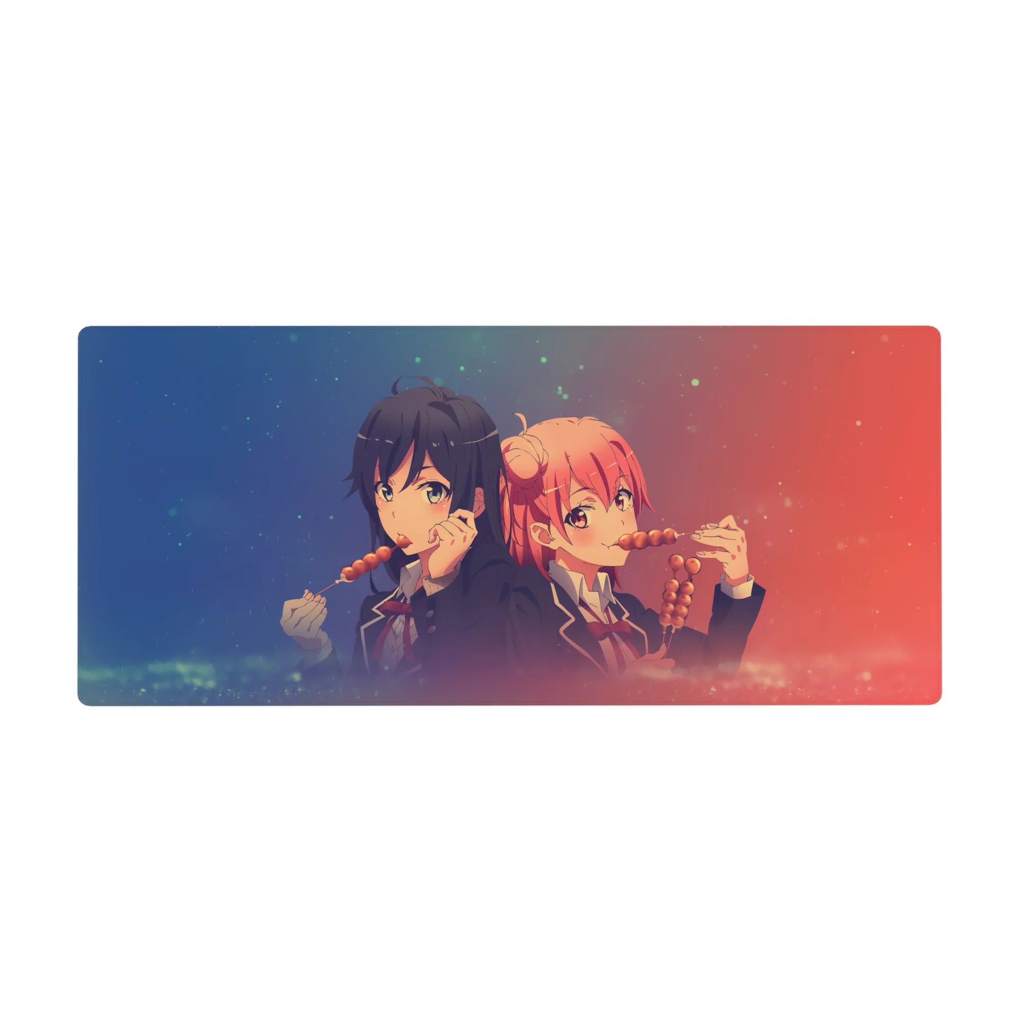 Anime girl desk pad 36x16 inches with two schoolgirls sharing dango, sparkly festival background.