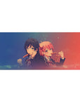 Anime girl desk pad 36x16 inches with two schoolgirls sharing dango, sparkly festival background.