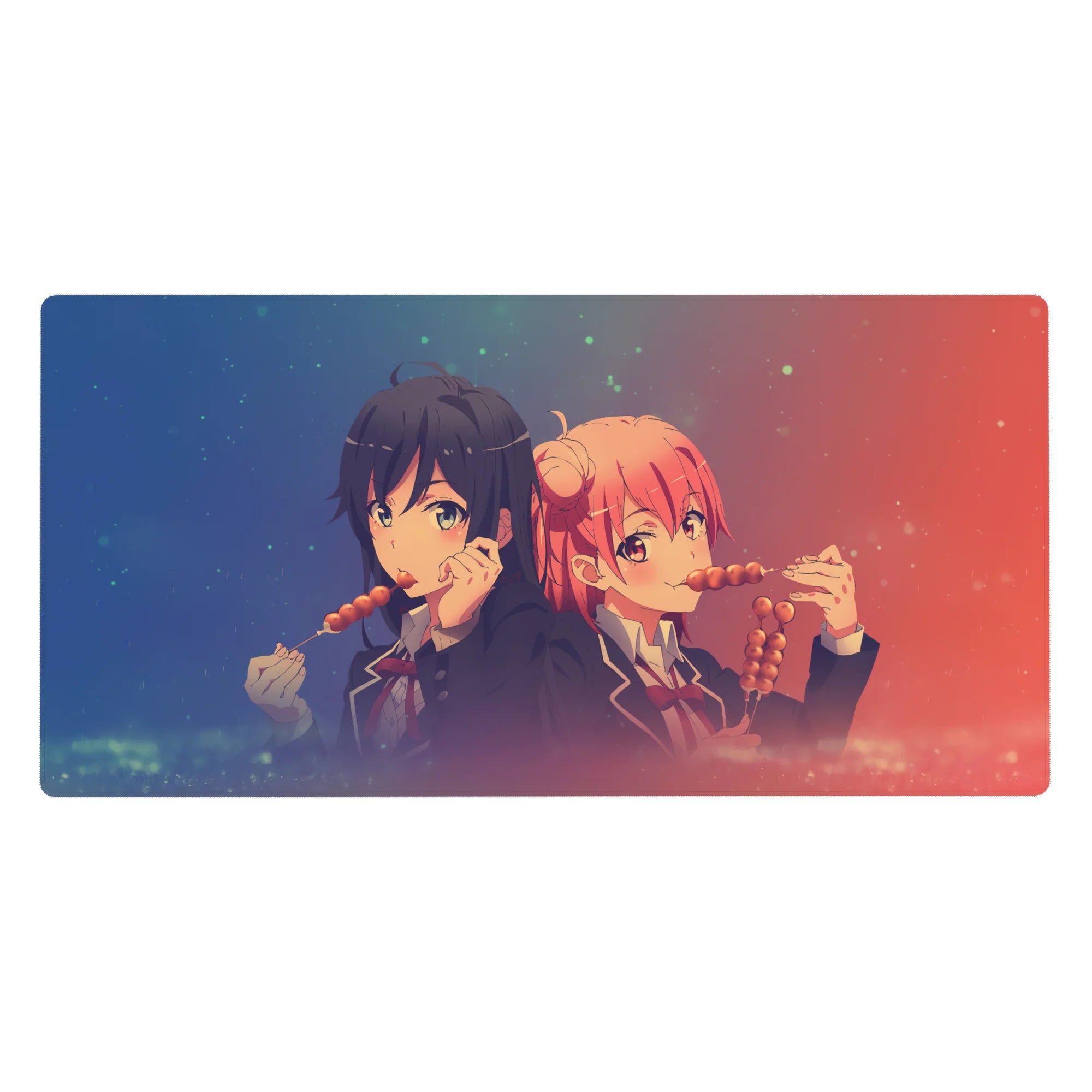 Anime girl desk pad 40x20 inches with two schoolgirls sharing dango, sparkles, and cute blush tones.